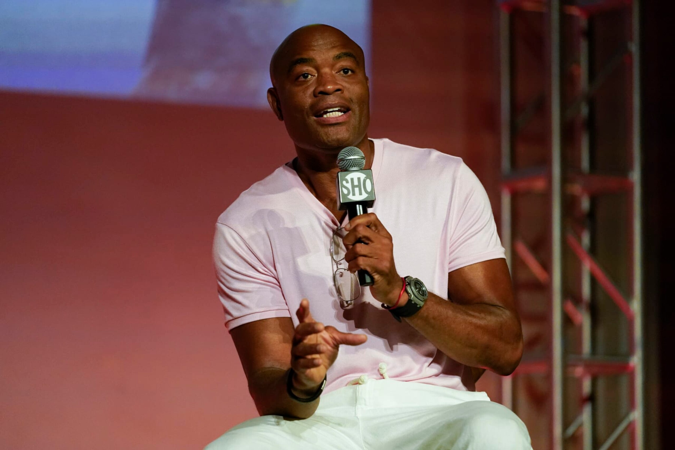 Anderson Silva speaks during a news conference Monday, Sept. 12, 2022, in Los Angeles. He is scheduled to fight Jake Paul at a catchweight of 187 pounds on Oct. 29 in Phoenix. (AP Photo/Ashley Landis)