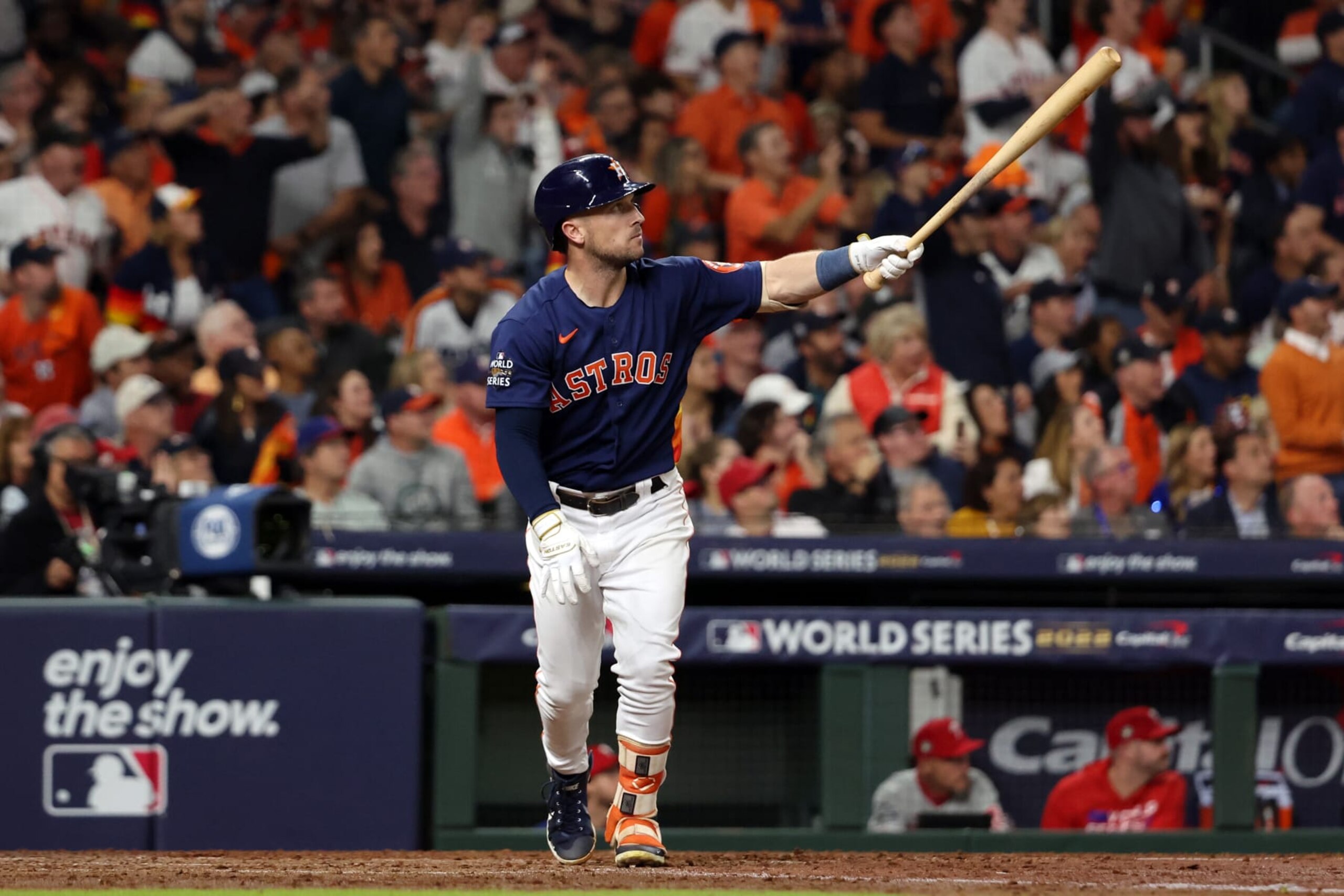 HOUSTON, TX - OCTOBER 29: Alex Bregman #2 of the Houston Astros hits a two-run home run in the fifth inning during Game 2 of the 2022 World Series between the Philadelphia Phillies and the Houston Astros at Minute Maid Park on Saturday, October 29, 2022 in Houston, Texas. (Photo by Mary DeCicco/MLB Photos via Getty Images) HOUSTON, TX - OCTOBER 29: Alex Bregman #2 of the Houston Astros hits a two-run home run in the fifth inning during Game 2 of the 2022 World Series between the Philadelphia Phillies and the Houston Astros at Minute Maid Park on Saturday, October 29, 2022 in Houston, Texas. (Photo by Mary DeCicco/MLB Photos via Getty Images)