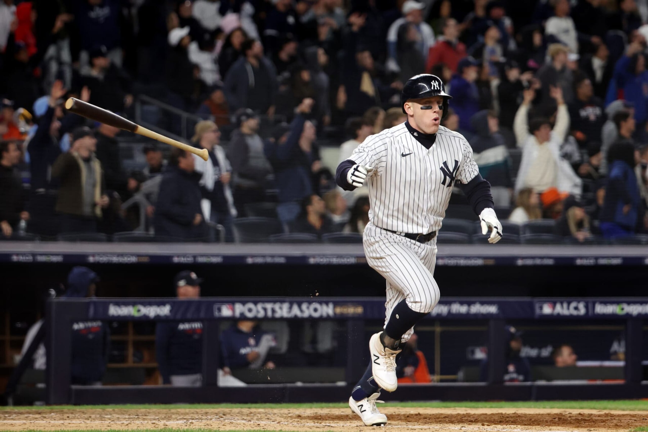 NEW YORK, NY - OCTOBER 23: Harrison Bader #22 of the Houston Astros flips the bat after hitting a solo home run in the sixth inning during Game 4 of the ALCS between the Houston Astros and the New York Yankees at Yankee Stadium on Sunday, October 23, 2022 in New York, New York. (Photo by Mary DeCicco/MLB Photos via Getty Images) NEW YORK, NY - OCTOBER 23: Harrison Bader #22 of the Houston Astros flips the bat after hitting a solo home run in the sixth inning during Game 4 of the ALCS between the Houston Astros and the New York Yankees at Yankee Stadium on Sunday, October 23, 2022 in New York, New York. (Photo by Mary DeCicco/MLB Photos via Getty Images)