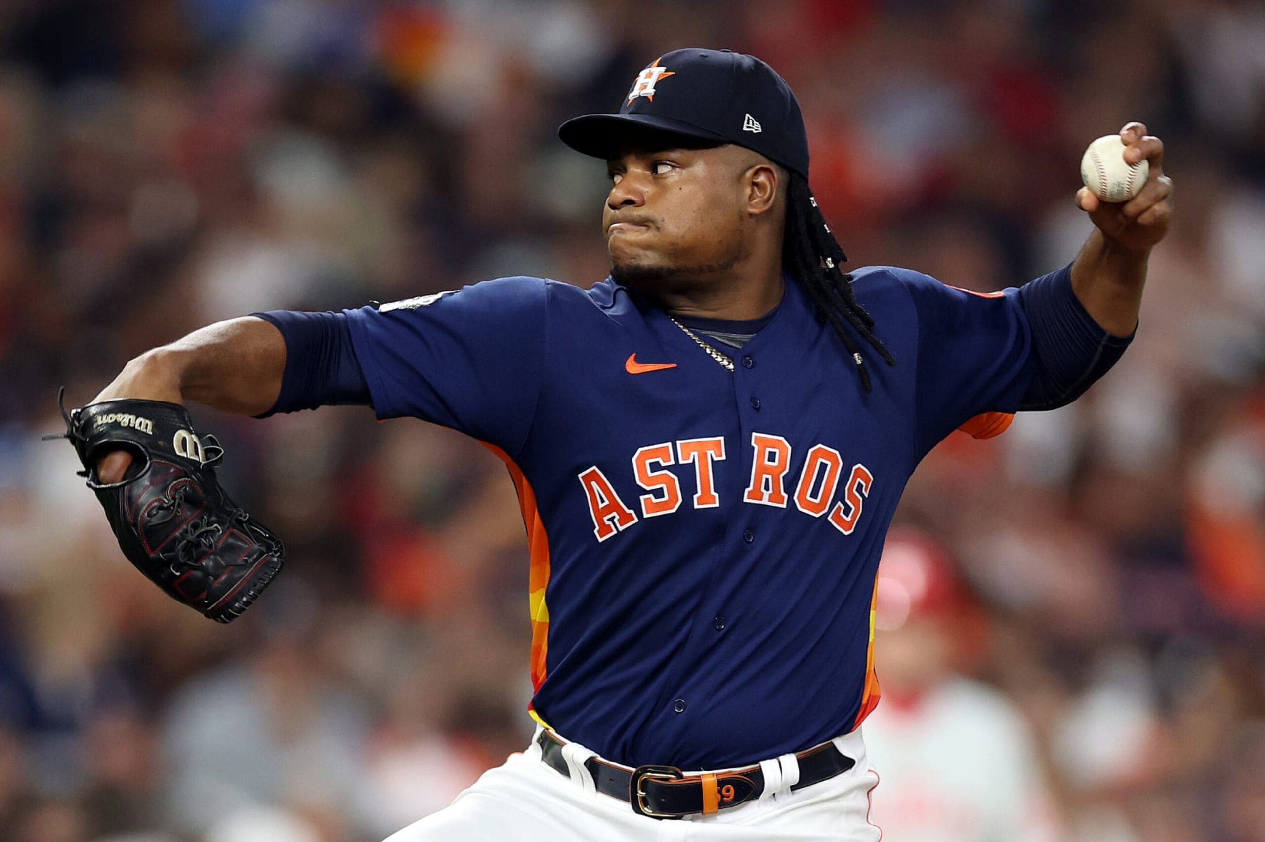 HOUSTON, TEXAS - OCTOBER 29: Framber Valdez #59 of the Houston Astros pitches in the third inning against the Philadelphia Phillies in Game Two of the 2022 World Series at Minute Maid Park on October 29, 2022 in Houston, Texas. (Photo by Sean M. Haffey/Getty Images) HOUSTON, TEXAS - OCTOBER 29: Framber Valdez #59 of the Houston Astros pitches in the third inning against the Philadelphia Phillies in Game Two of the 2022 World Series at Minute Maid Park on October 29, 2022 in Houston, Texas. (Photo by Sean M. Haffey/Getty Images)