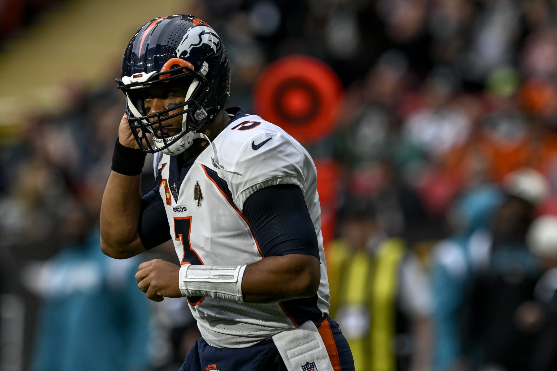 LONDON, U.K. - OCTOBER 30: Russell Wilson (3) of the Denver Broncos reacts to throwing an interception against the Jacksonville Jaguars during the first quarter at Wembley Stadium in London on Sunday, October 30, 2022. (Photo by AAron Ontiveroz/MediaNews Group/The Denver Post via Getty Images)