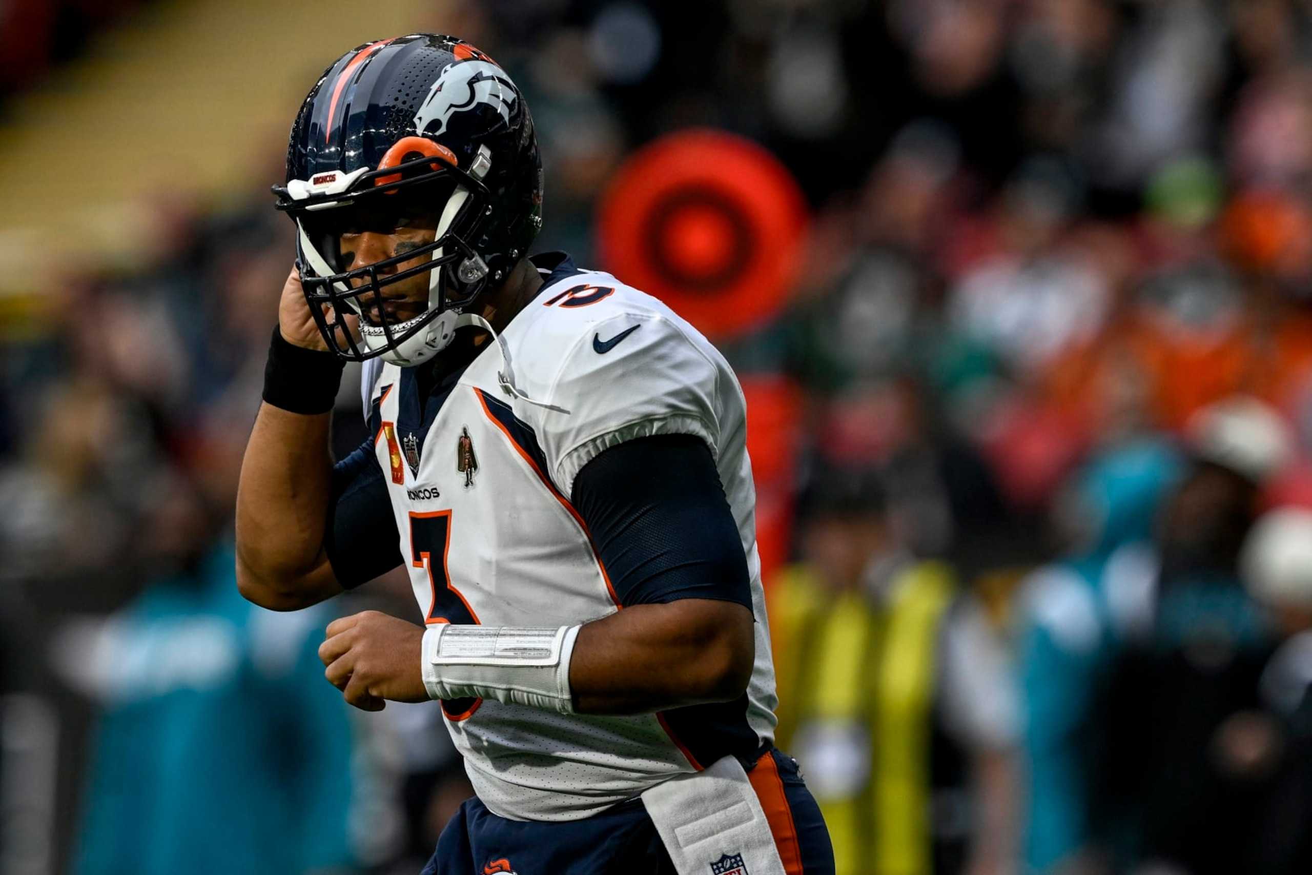 LONDON, U.K. - OCTOBER 30: Russell Wilson (3) of the Denver Broncos reacts to throwing an interception against the Jacksonville Jaguars during the first quarter at Wembley Stadium in London on Sunday, October 30, 2022. (Photo by AAron Ontiveroz/MediaNews Group/The Denver Post via Getty Images)