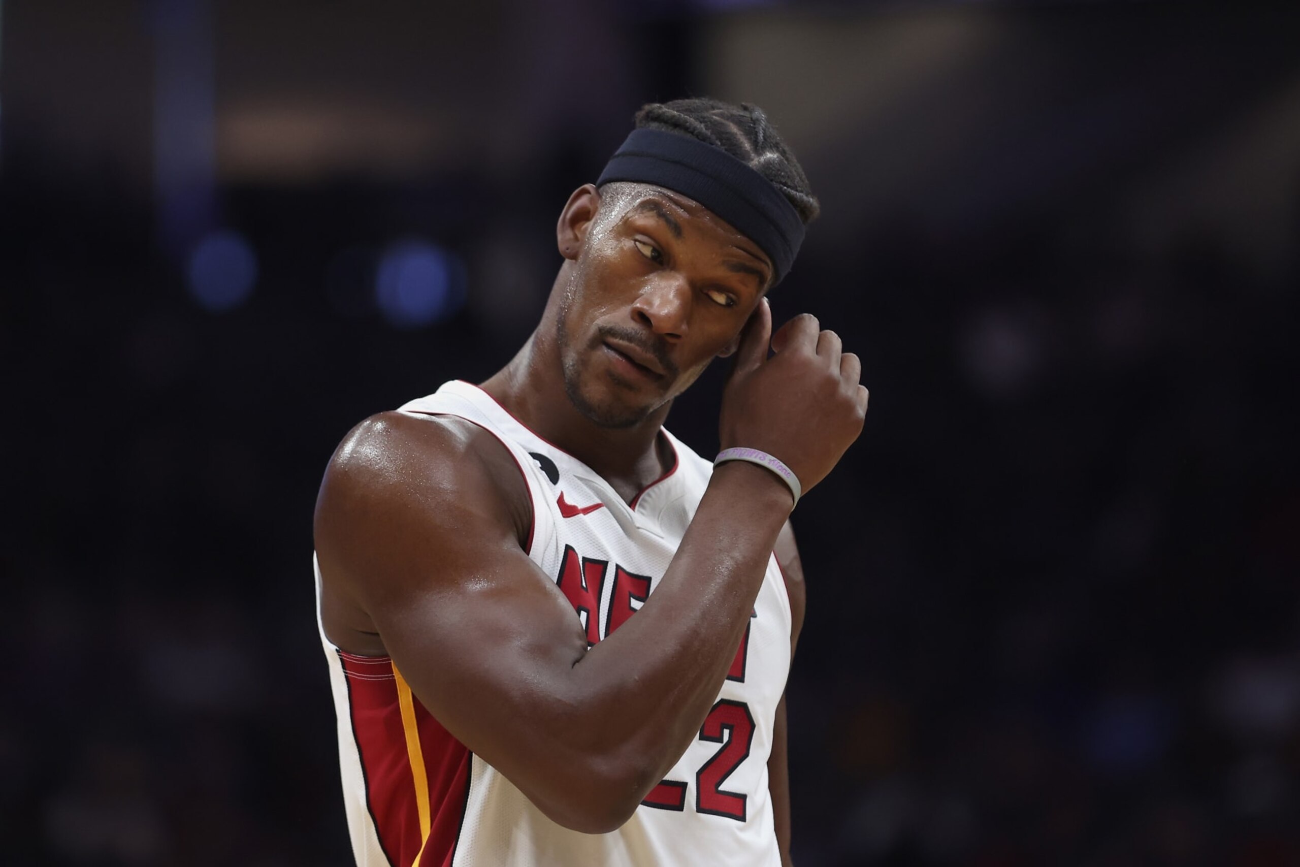 SACRAMENTO, CALIFORNIA - OCTOBER 29: Jimmy Butler #22 of the Miami Heat looks on in the third quarter of the game against the Sacramento Kings at Golden 1 Center on October 29, 2022 in Sacramento, California. NOTE TO USER: User expressly acknowledges and agrees that, by downloading and/or using this photograph, User is consenting to the terms and conditions of the Getty Images License Agreement. (Photo by Lachlan Cunningham/Getty Images)