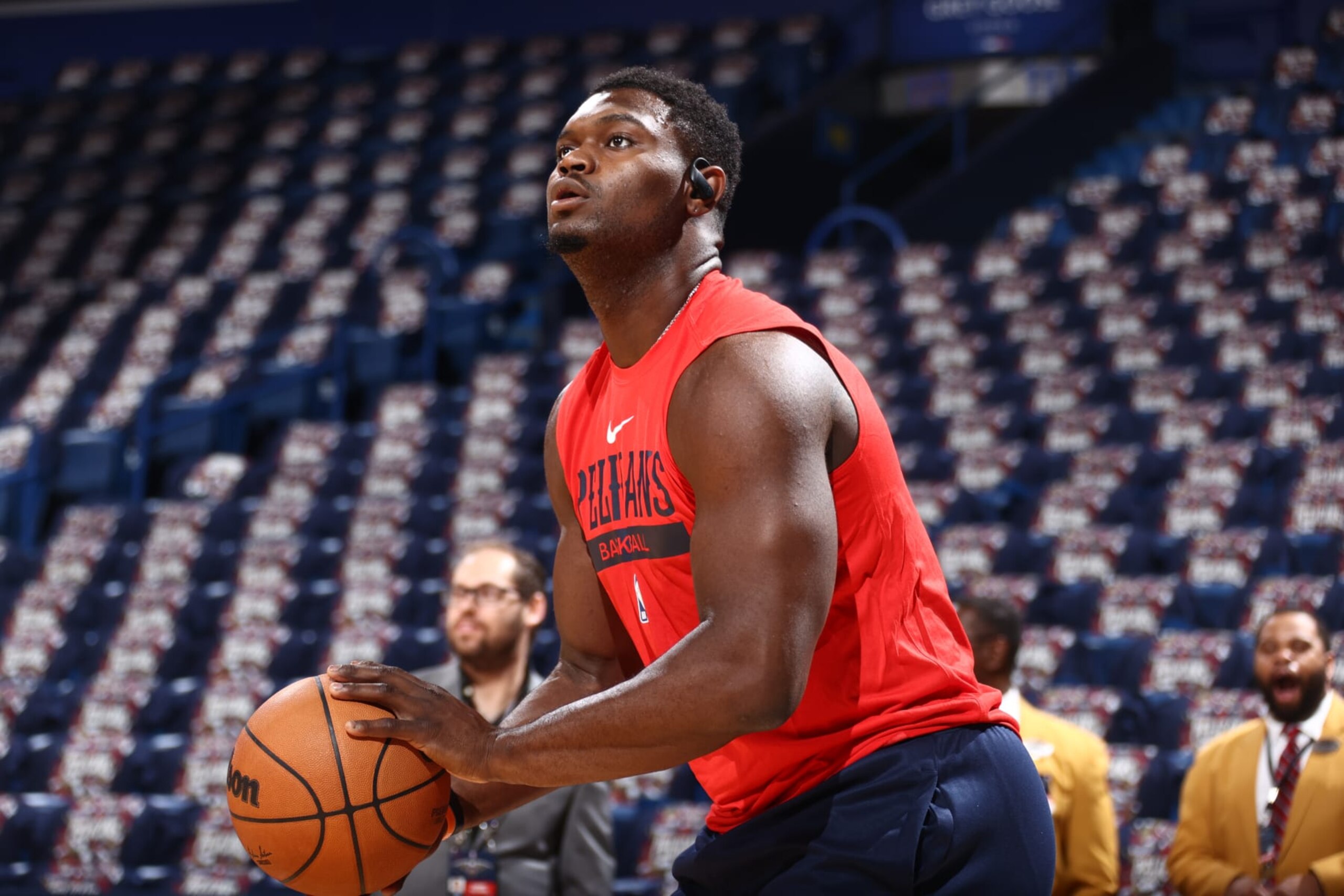 NEW ORLEANS, LA - OCTOBER 23: Zion Williamson #1 of the New Orleans Pelicans warms up before the game against the Utah Jazz on October 23, 2022 at the Smoothie King Center in New Orleans, Louisiana. NOTE TO USER: User expressly acknowledges and agrees that, by downloading and or using this Photograph, user is consenting to the terms and conditions of the Getty Images License Agreement. Mandatory Copyright Notice: Copyright 2022 NBAE (Photo by Ned Dishman/NBAE via Getty Images) NEW ORLEANS, LA - OCTOBER 23: Zion Williamson #1 of the New Orleans Pelicans warms up before the game against the Utah Jazz on October 23, 2022 at the Smoothie King Center in New Orleans, Louisiana. NOTE TO USER: User expressly acknowledges and agrees that, by downloading and or using this Photograph, user is consenting to the terms and conditions of the Getty Images License Agreement. Mandatory Copyright Notice: Copyright 2022 NBAE (Photo by Ned Dishman/NBAE via Getty Images)