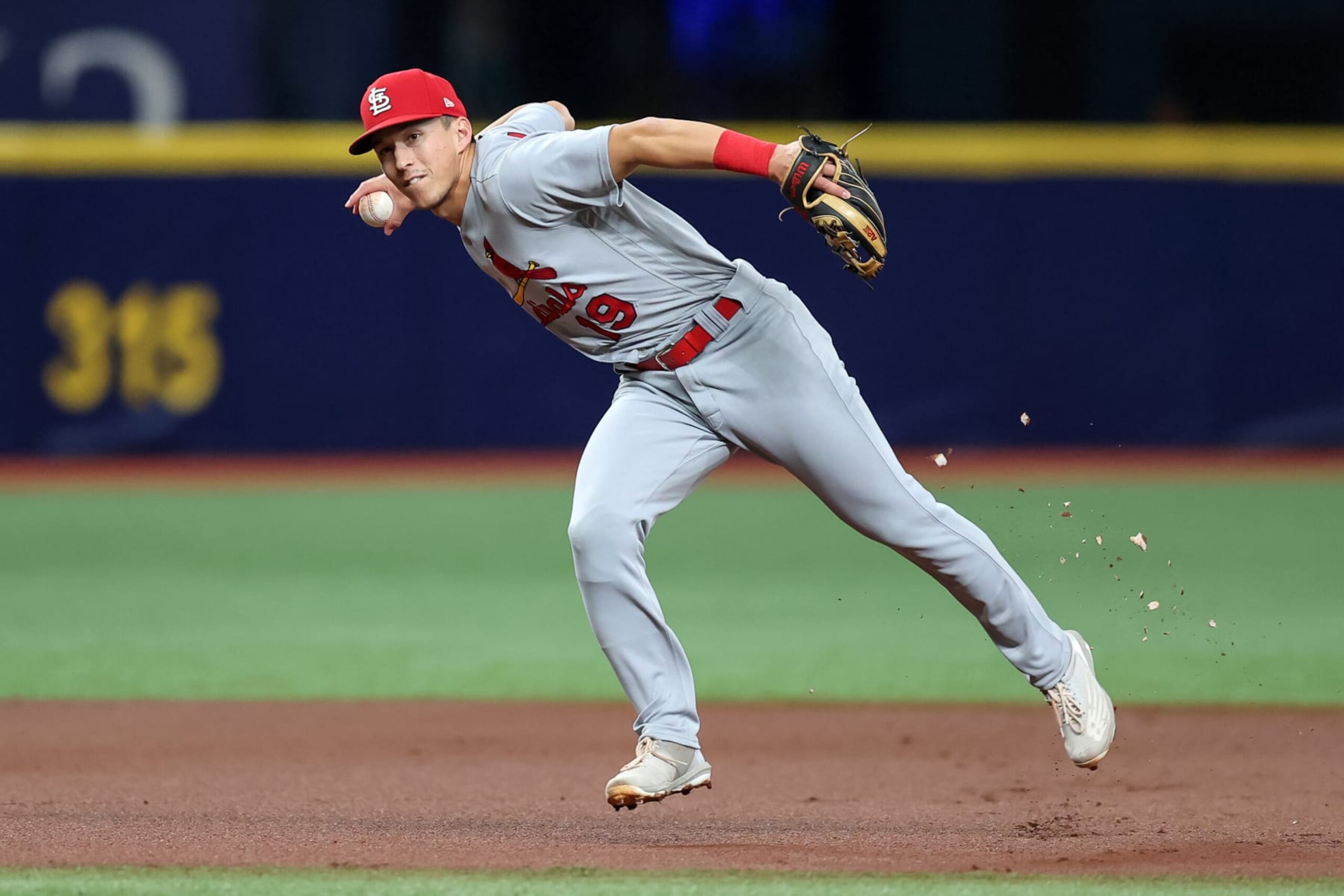 ST. PETERSBURG, FL - JUNE 8: Tommy Edman #19 of the St. Louis Cardinals fields a ground ball from the Tampa Bay Rays during a baseball game at Tropicana Field on June 8, 2022 in St. Petersburg, Florida. (Photo by Mike Carlson/Getty Images)