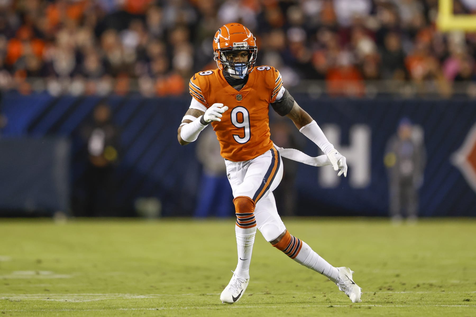 Chicago Bears safety Jaquan Brisker (9) runs on the field during the first half of an NFL football game against the Washington Commanders, Thursday, Oct. 13, 2022, in Chicago. (AP Photo/Kamil Krzaczynski)