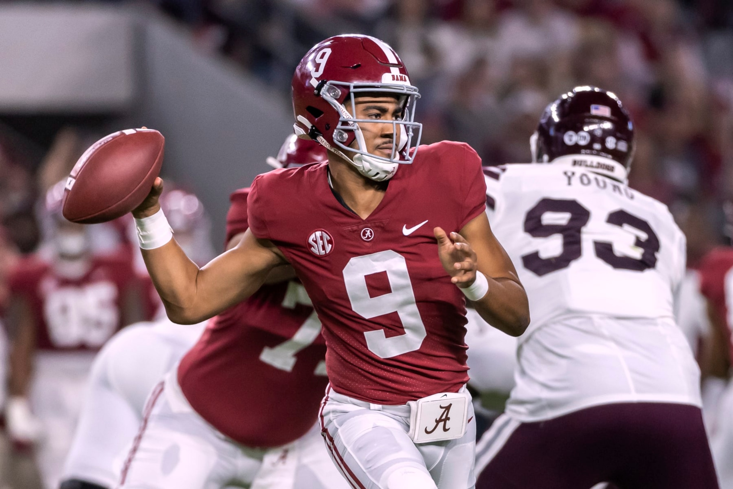 Alabama quarterback Bryce Young (9) throws the ball during the first half of the team's NCAA college football game against Mississippi State, Saturday, Oct. 22, 2022, in Tuscaloosa, Ala. (AP Photo/Vasha Hunt) Alabama quarterback Bryce Young (9) throws the ball during the first half of the team's NCAA college football game against Mississippi State, Saturday, Oct. 22, 2022, in Tuscaloosa, Ala. (AP Photo/Vasha Hunt)