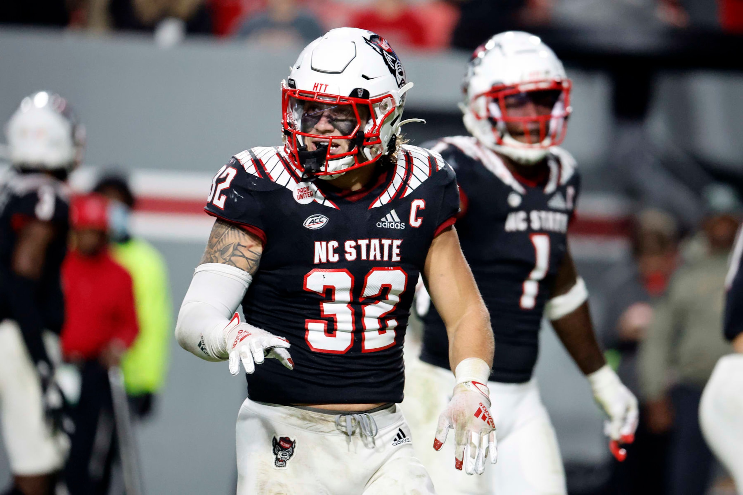 North Carolina State's Drake Thomas (32) looks to the sidelines against Virginia Tech during the second half of an NCAA college football game in Raleigh, N.C., Thursday, Oct. 27, 2022. (AP Photo/Karl B DeBlaker) North Carolina State's Drake Thomas (32) looks to the sidelines against Virginia Tech during the second half of an NCAA college football game in Raleigh, N.C., Thursday, Oct. 27, 2022. (AP Photo/Karl B DeBlaker)