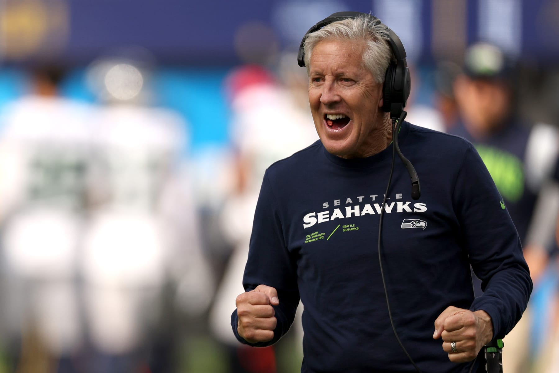 INGLEWOOD, CALIFORNIA - OCTOBER 23: Head coach Pete Carroll of the Seattle Seahawks celebrates a touchdown during the first quarter of the game against the Los Angeles Chargers at SoFi Stadium on October 23, 2022 in Inglewood, California. (Photo by Harry How/Getty Images)