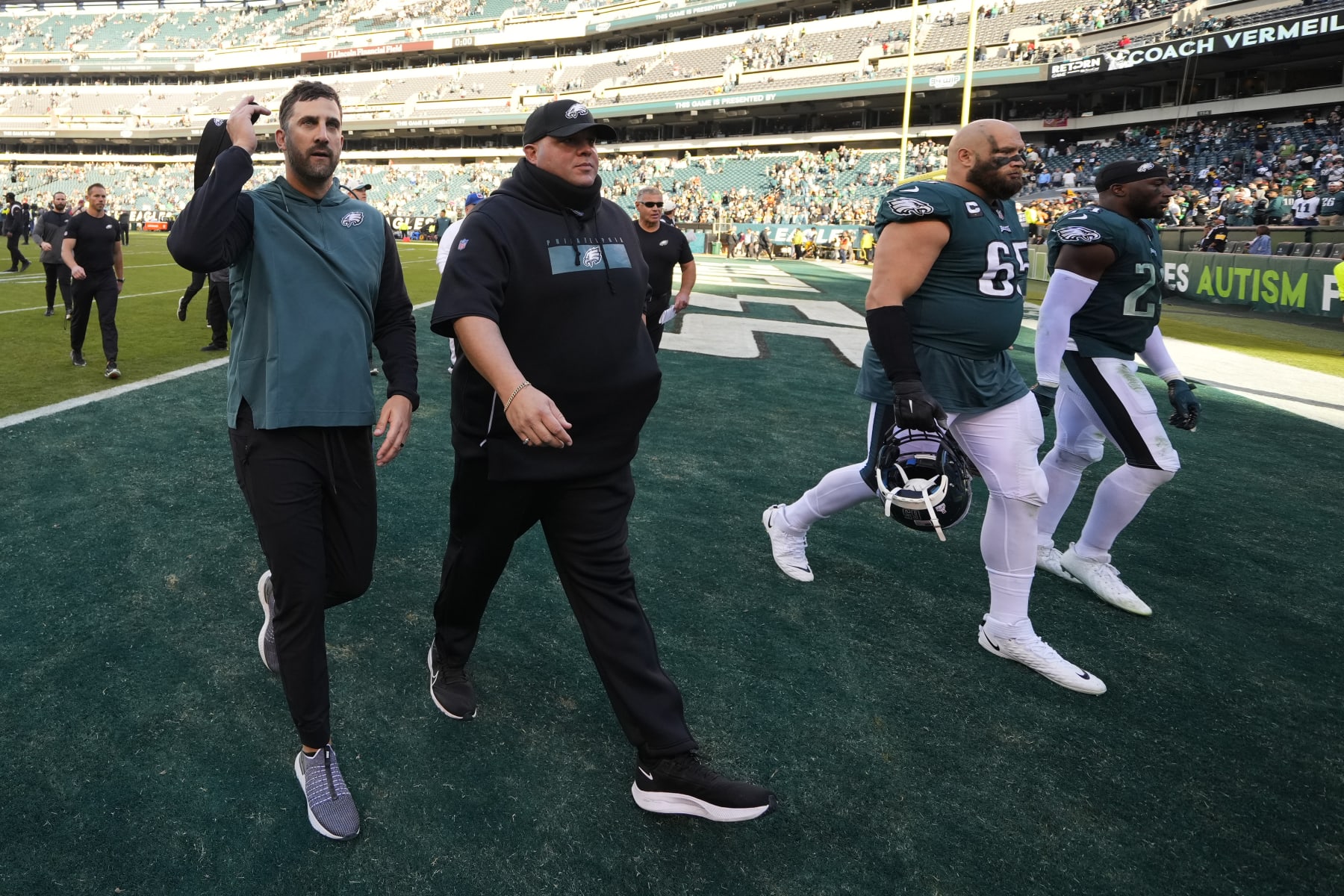 Philadelphia Eagles head coach Nick Sirianni walks off the field after an NFL football game between the Pittsburgh Steelers and Philadelphia Eagles, Sunday, Oct. 30, 2022, in Philadelphia. The Eagles defeated the Eagles 35-13. (AP Photo/Matt Slocum)