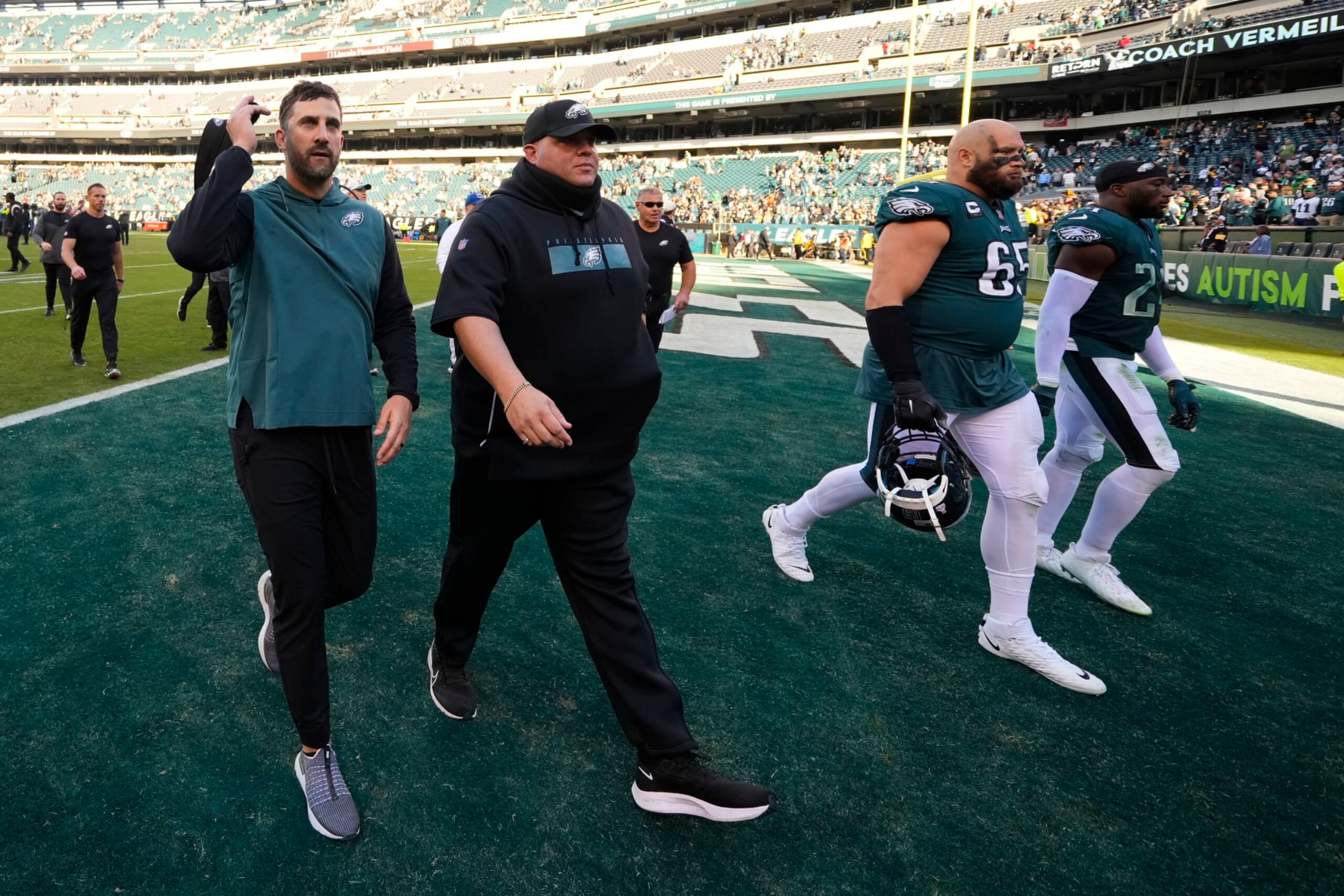 Philadelphia Eagles head coach Nick Sirianni walks off the field after an NFL football game between the Pittsburgh Steelers and Philadelphia Eagles, Sunday, Oct. 30, 2022, in Philadelphia. The Eagles defeated the Eagles 35-13. (AP Photo/Matt Slocum)