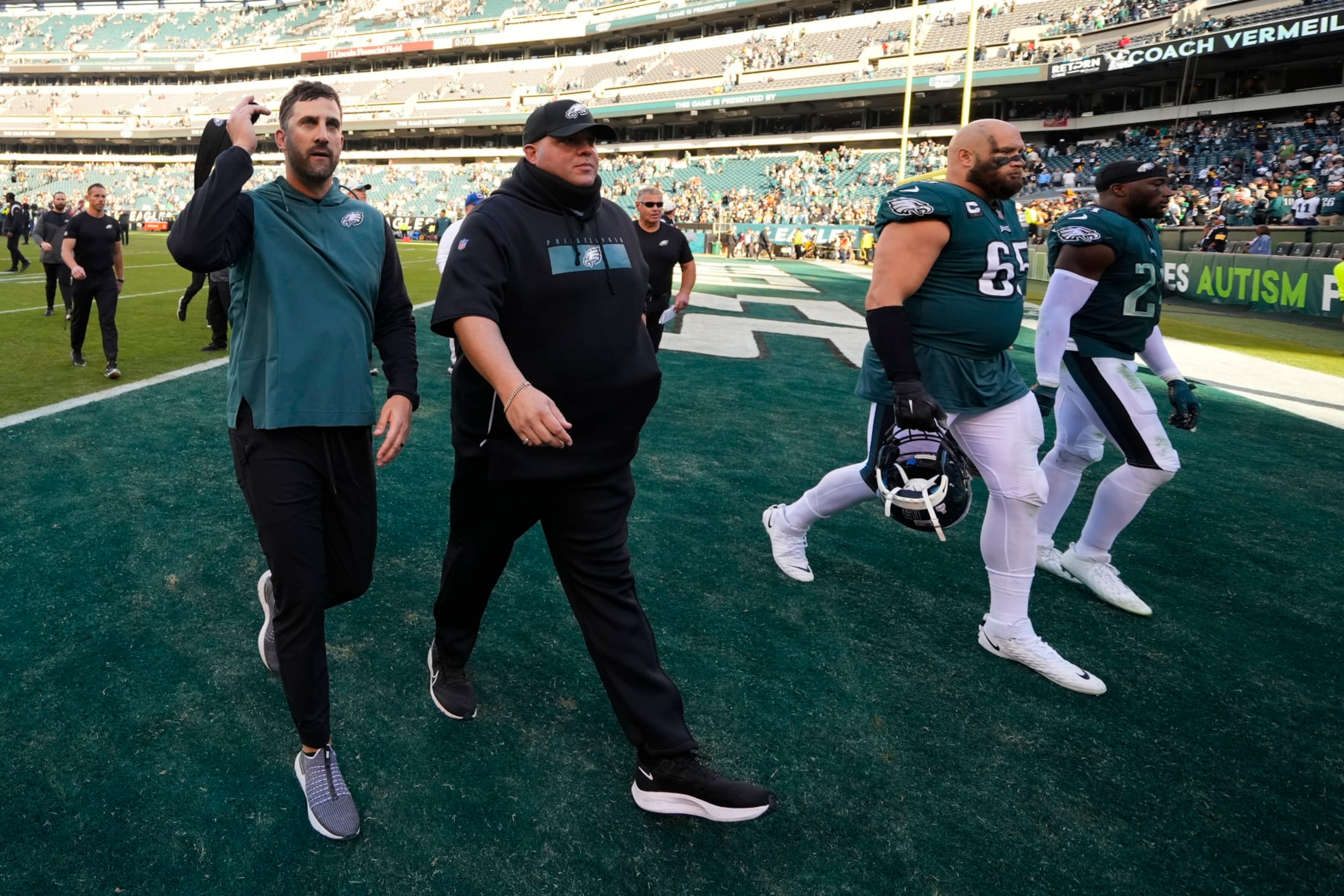 Philadelphia Eagles head coach Nick Sirianni walks off the field after an NFL football game between the Pittsburgh Steelers and Philadelphia Eagles, Sunday, Oct. 30, 2022, in Philadelphia. The Eagles defeated the Eagles 35-13. (AP Photo/Matt Slocum)