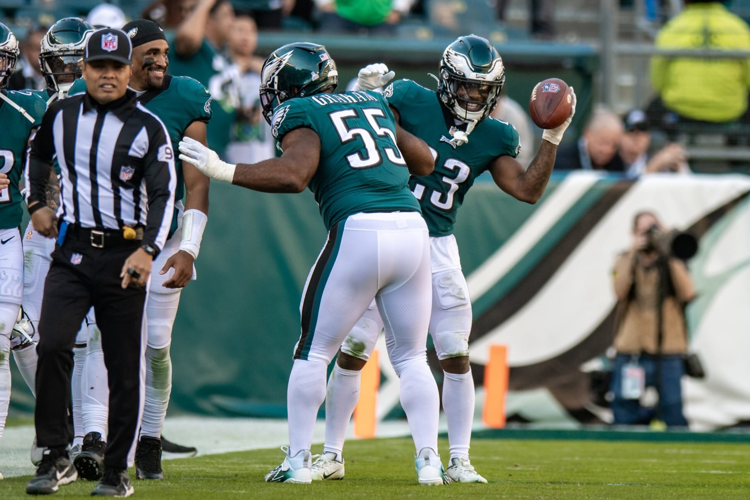 PHILADELPHIA, PA - OCTOBER 30: Philadelphia Eagles safety C.J. Gardner-Johnson (23) celebrates with Philadelphia Eagles defensive end Brandon Graham (55) after an interception during the second half of the game between the Pittsburgh Steelers and Philadelphia Eagles on Sunday, October 30, 2022 at Lincoln Financial Field in Philadelphia, PA (Photo by John Jones/Icon Sportswire via Getty Images)