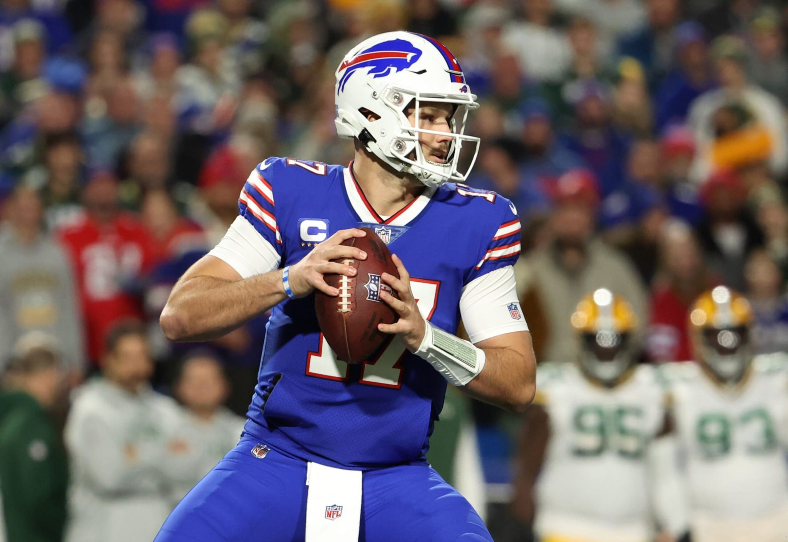 ORCHARD PARK, NEW YORK - OCTOBER 30: Josh Allen #17 of the Buffalo Bills looks to pass during the first quarter against the Green Bay Packers at Highmark Stadium on October 30, 2022 in Orchard Park, New York. (Photo by Timothy T Ludwig/Getty Images)