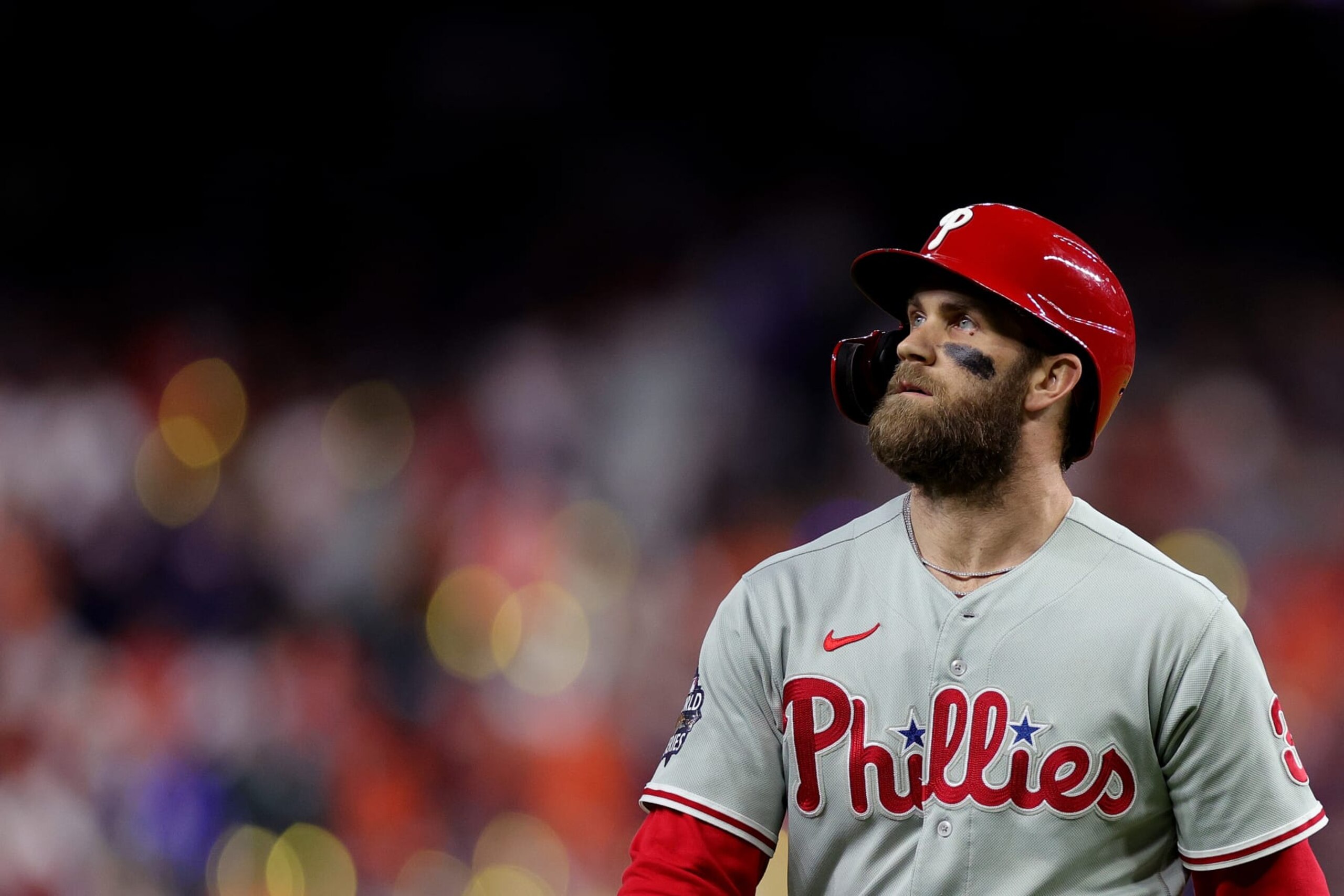 HOUSTON, TEXAS - OCTOBER 29: Bryce Harper #3 of the Philadelphia Phillies lines out in the first inning against the Houston Astros in Game Two of the 2022 World Series at Minute Maid Park on October 29, 2022 in Houston, Texas. (Photo by Carmen Mandato/Getty Images)