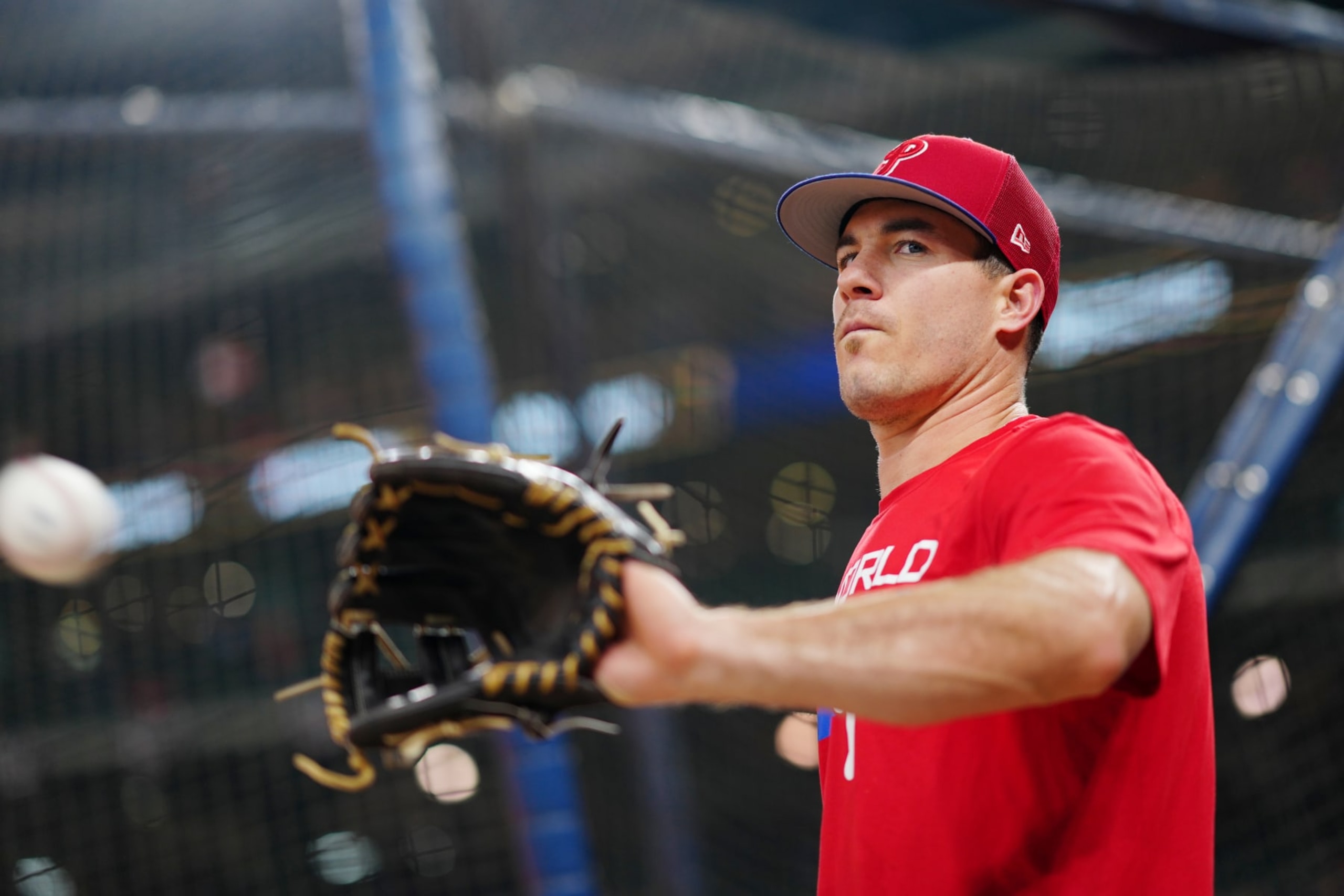 HOUSTON, TX - OCTOBER 29:  J.T. Realmuto #10 of the Philadelphia Phillies warms-up during batting practice prior to Game 2 of the 2022 World Series between the Philadelphia Phillies and the Houston Astros at Minute Maid Park on Saturday, October 29, 2022 in Houston, Texas. (Photo by Daniel Shirey/MLB Photos via Getty Images)