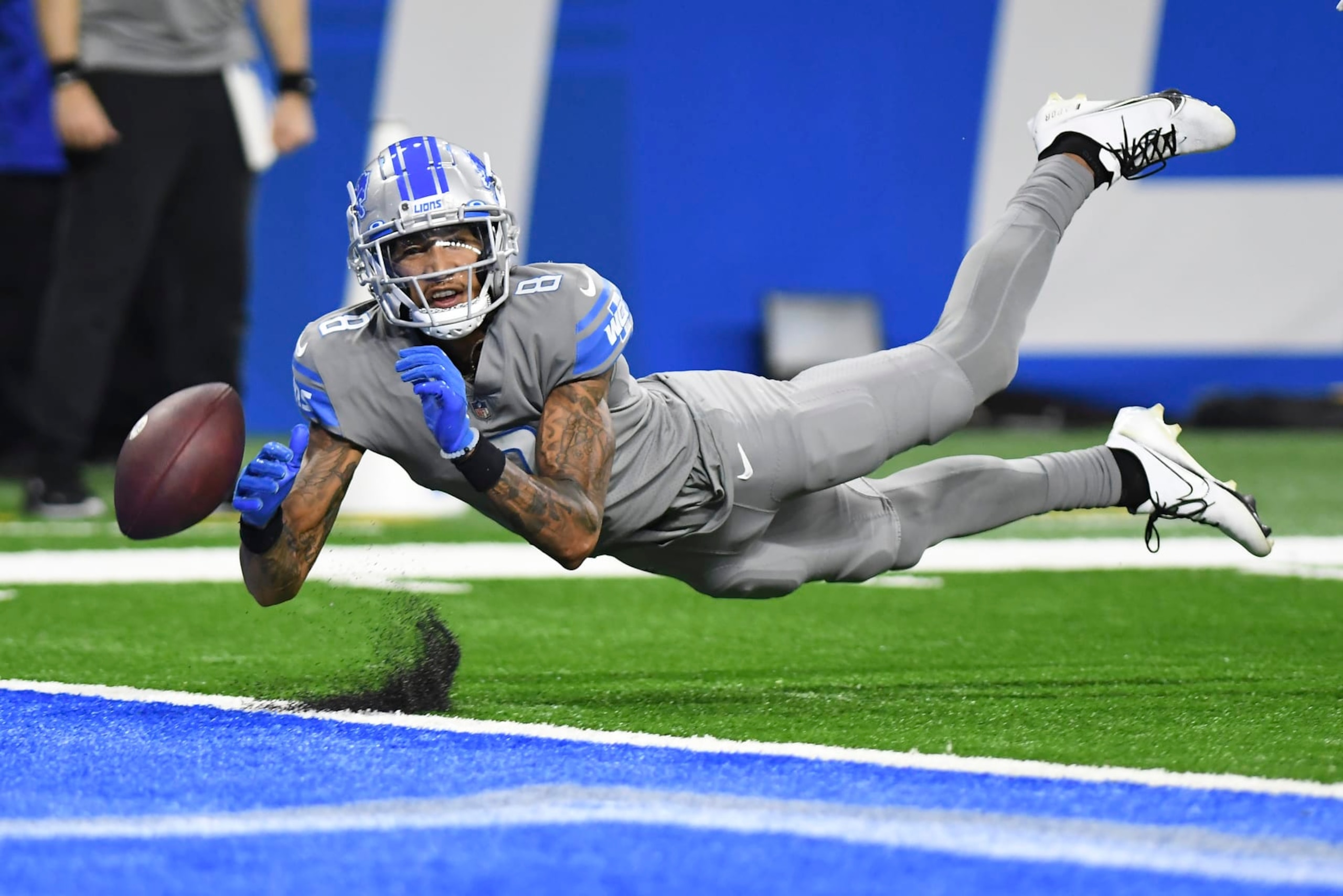 Detroit Lions wide receiver Josh Reynolds is unable to catch the pass to the end zone during the second half of an NFL football game against the Miami Dolphins, Sunday, Oct. 30, 2022, in Detroit. (AP Photo/Lon Horwedel)
