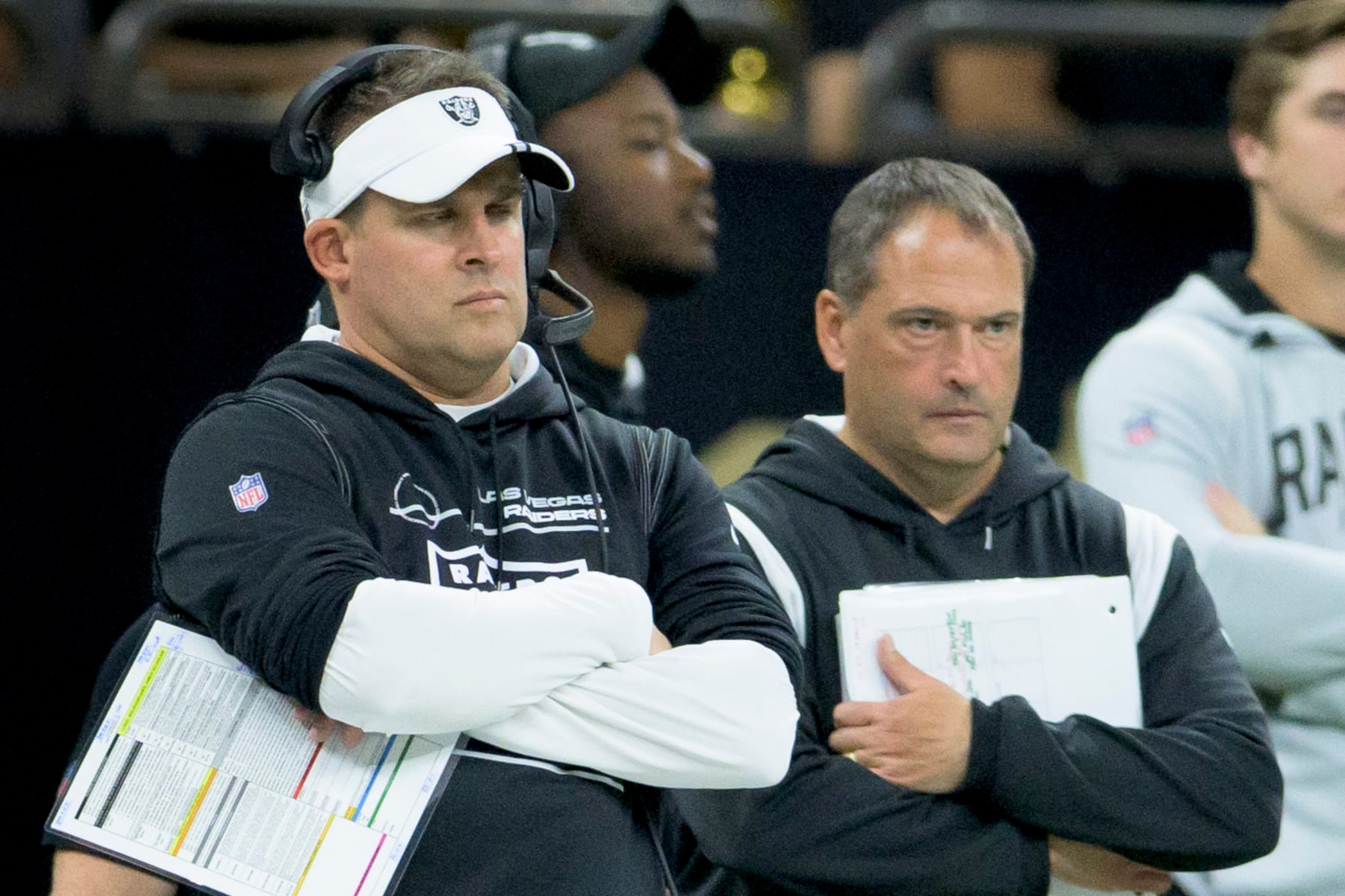 Las Vegas Raiders head coach Josh McDaniels watches during the second half of an NFL football game against the New Orleans Saints in New Orleans, Sunday, Oct. 30, 2022. (AP Photo/Matthew Hinton)