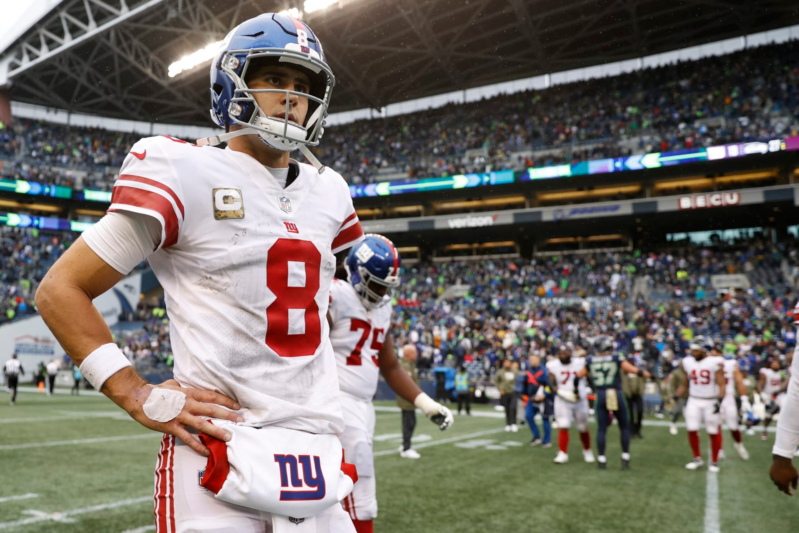 SEATTLE, WASHINGTON - OCTOBER 30: Daniel Jones #8 of the New York Giants reacts after a loss to the Seattle Seahawks at Lumen Field on October 30, 2022 in Seattle, Washington. (Photo by Steph Chambers/Getty Images)