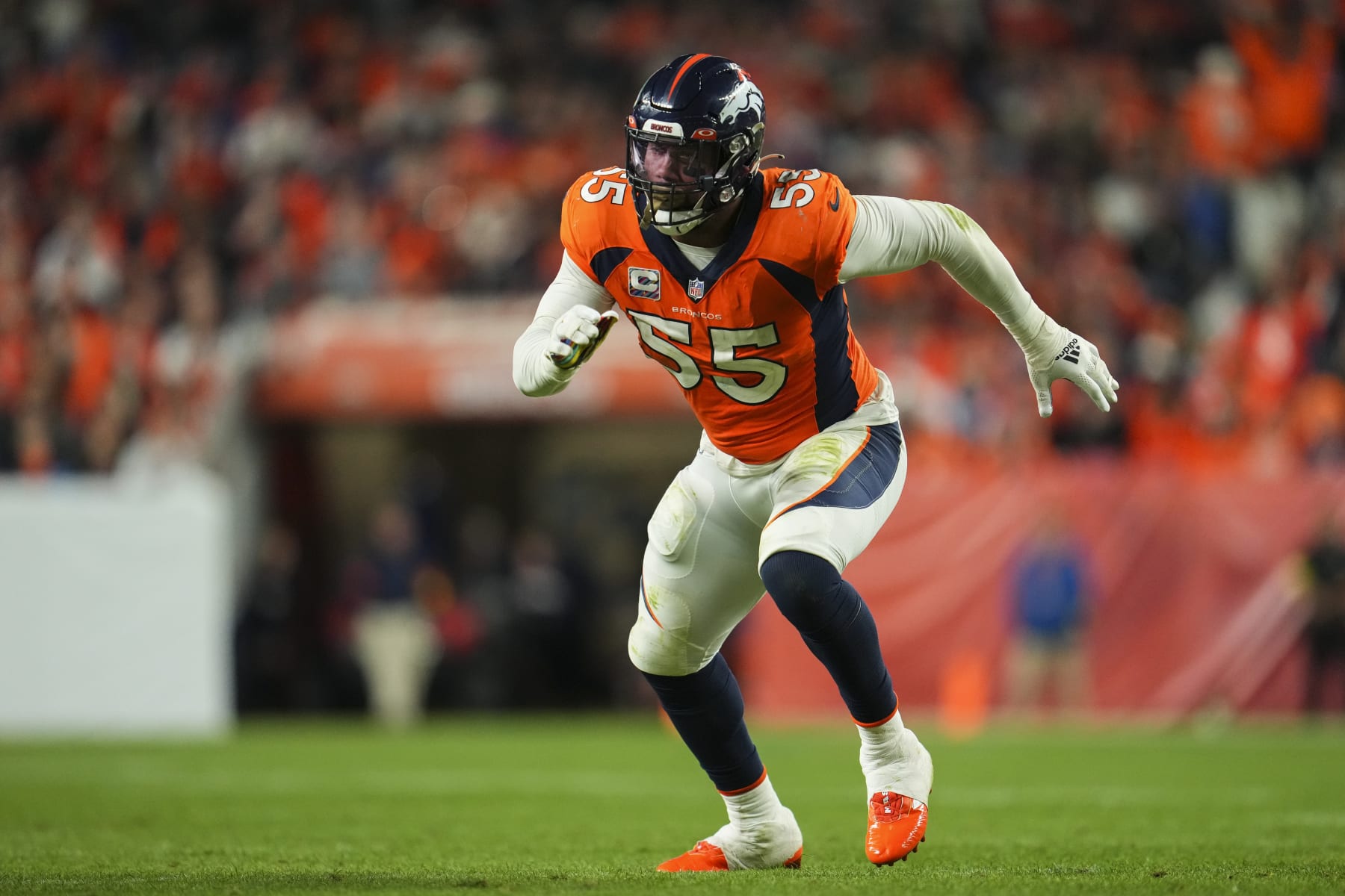 DENVER, CO - OCTOBER 06: Bradley Chubb #55 of the Denver Broncos defends against the Indianapolis Colts at Empower Field at Mile High on October 6, 2022 in Denver, Texas. (Photo by Cooper Neill/Getty Images)