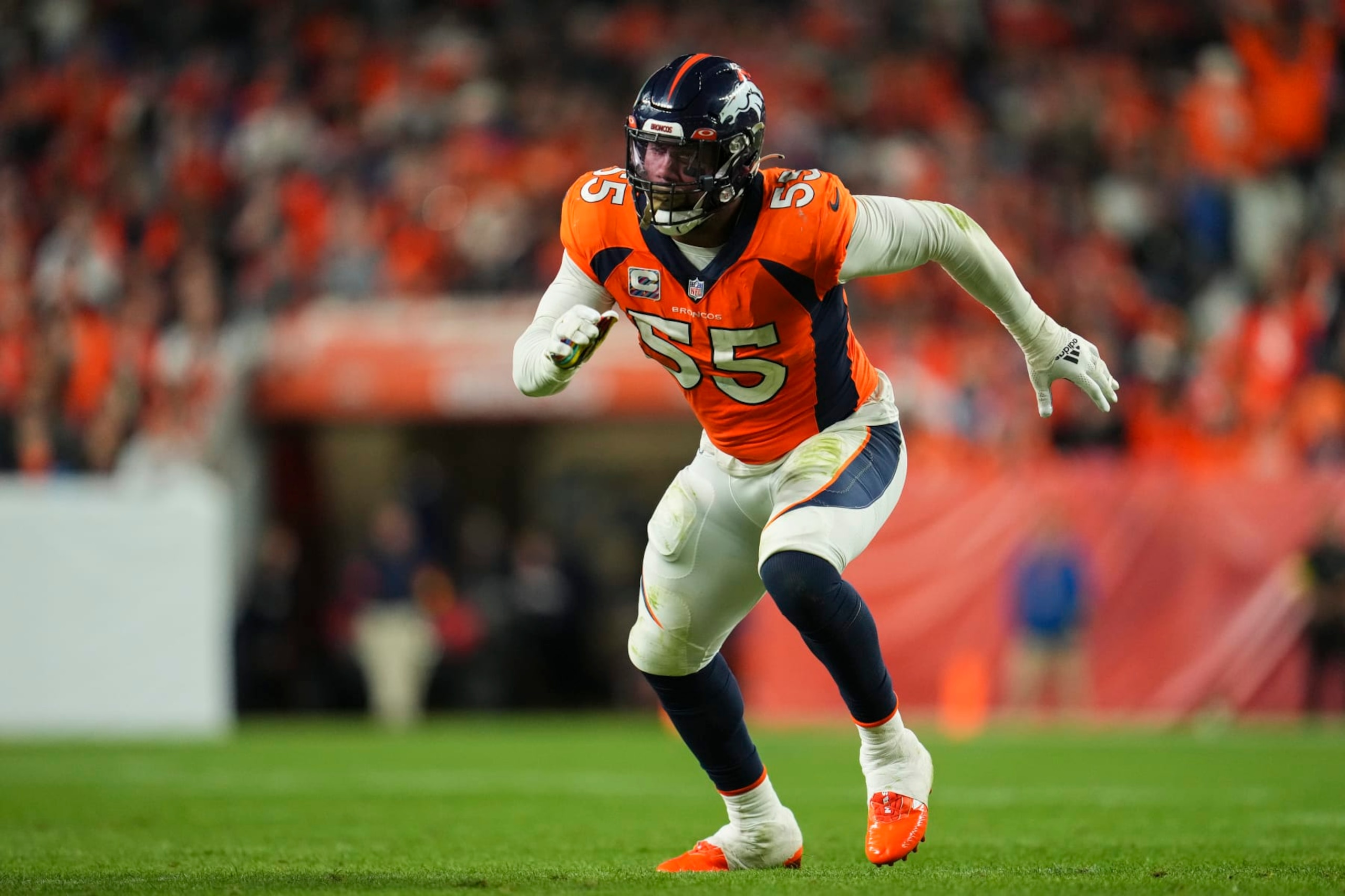 DENVER, CO - OCTOBER 06: Bradley Chubb #55 of the Denver Broncos defends against the Indianapolis Colts at Empower Field at Mile High on October 6, 2022 in Denver, Texas. (Photo by Cooper Neill/Getty Images)