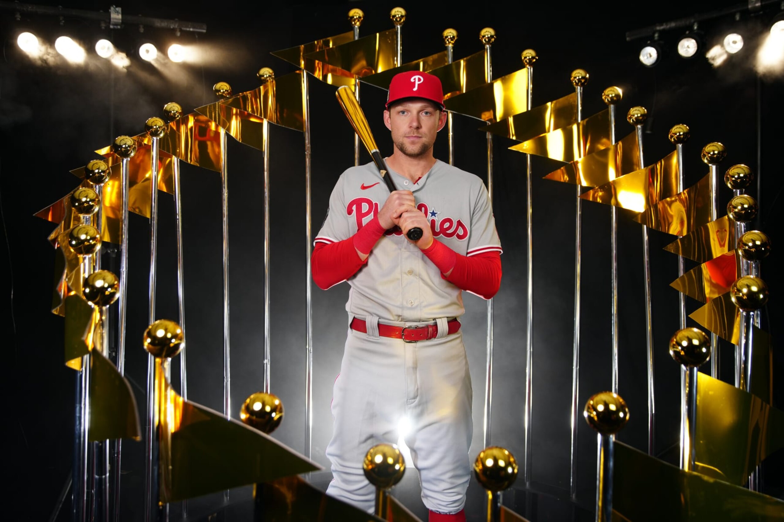 HOUSTON, TX - OCTOBER 27: Rhys Hoskins #17 of the Philadelphia Phillies poses for a photo during the 2022 World Series Workout Day at Minute Maid Park on Thursday, October 27, 2022 in Houston, Texas. (Photo by Daniel Shirey/MLB Photos via Getty Images) HOUSTON, TX - OCTOBER 27: Rhys Hoskins #17 of the Philadelphia Phillies poses for a photo during the 2022 World Series Workout Day at Minute Maid Park on Thursday, October 27, 2022 in Houston, Texas. (Photo by Daniel Shirey/MLB Photos via Getty Images)