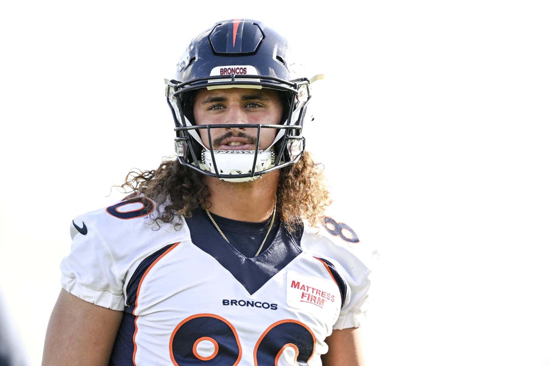 HARROW, LONDON, U.K. - OCTOBER 26: Greg Dulcich (80) of the Denver Broncos works out during practice at the Harrow School in the London Borough of Harrow on Wednesday, October 26, 2022. The Broncos will face off with the Jacksonville Jaguars at Londons Wembley Stadium on Sunday. (Photo by AAron Ontiveroz/MediaNews Group/The Denver Post via Getty Images)
