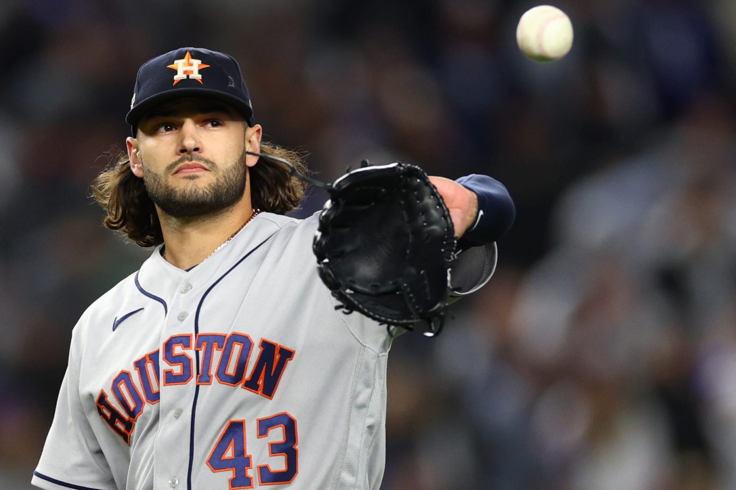 NEW YORK, NEW YORK - OCTOBER 23: Lance McCullers Jr. #43 of the Houston Astros catches a throw in the second inning against the New York Yankees in game four of the American League Championship Series at Yankee Stadium on October 23, 2022 in the Bronx borough of New York City. (Photo by Elsa/Getty Images)