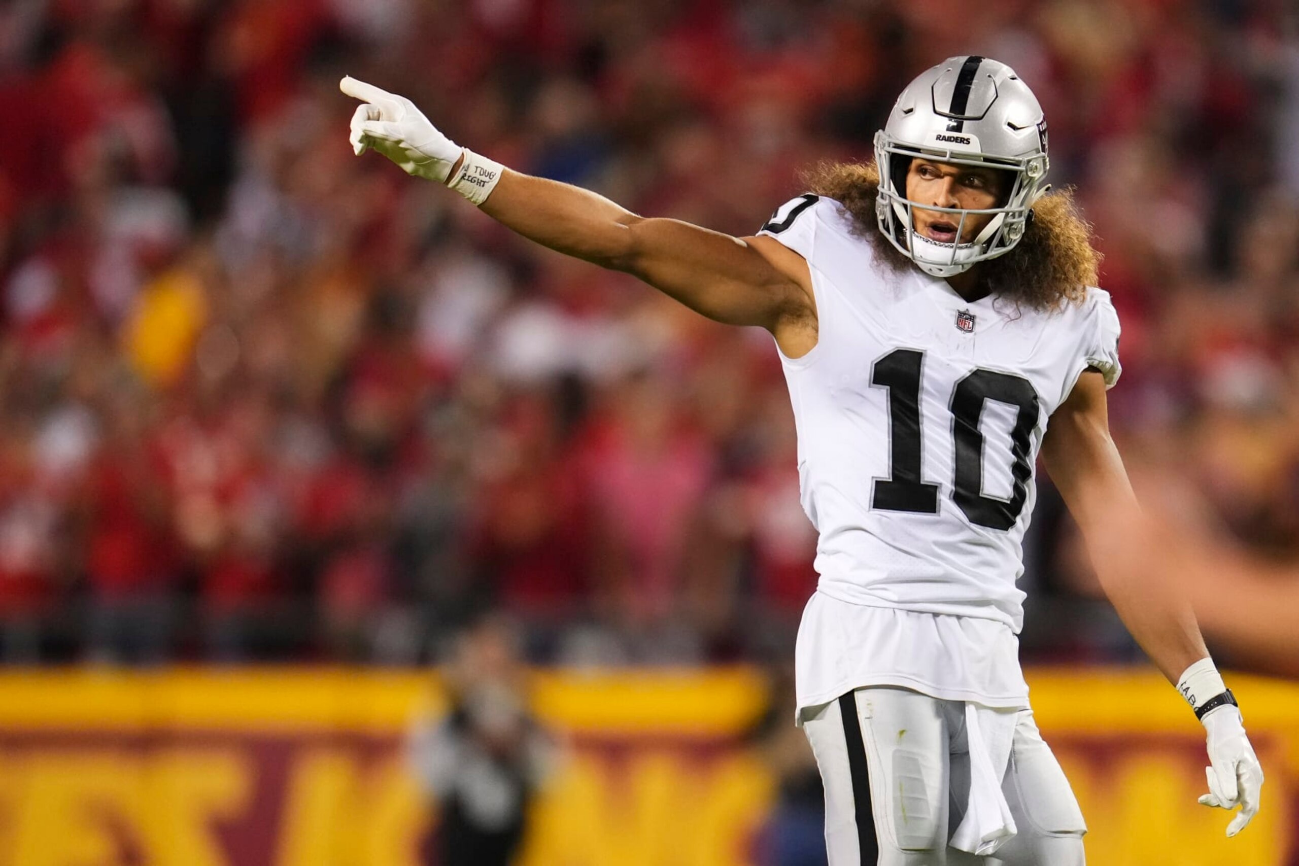 KANSAS CITY, MO - OCTOBER 10: Mack Hollins #10 of the Las Vegas Raiders points down field against the Kansas City Chiefs at GEHA Field at Arrowhead Stadium on October 10, 2022 in Kansas City, Missouri. (Photo by Cooper Neill/Getty Images)