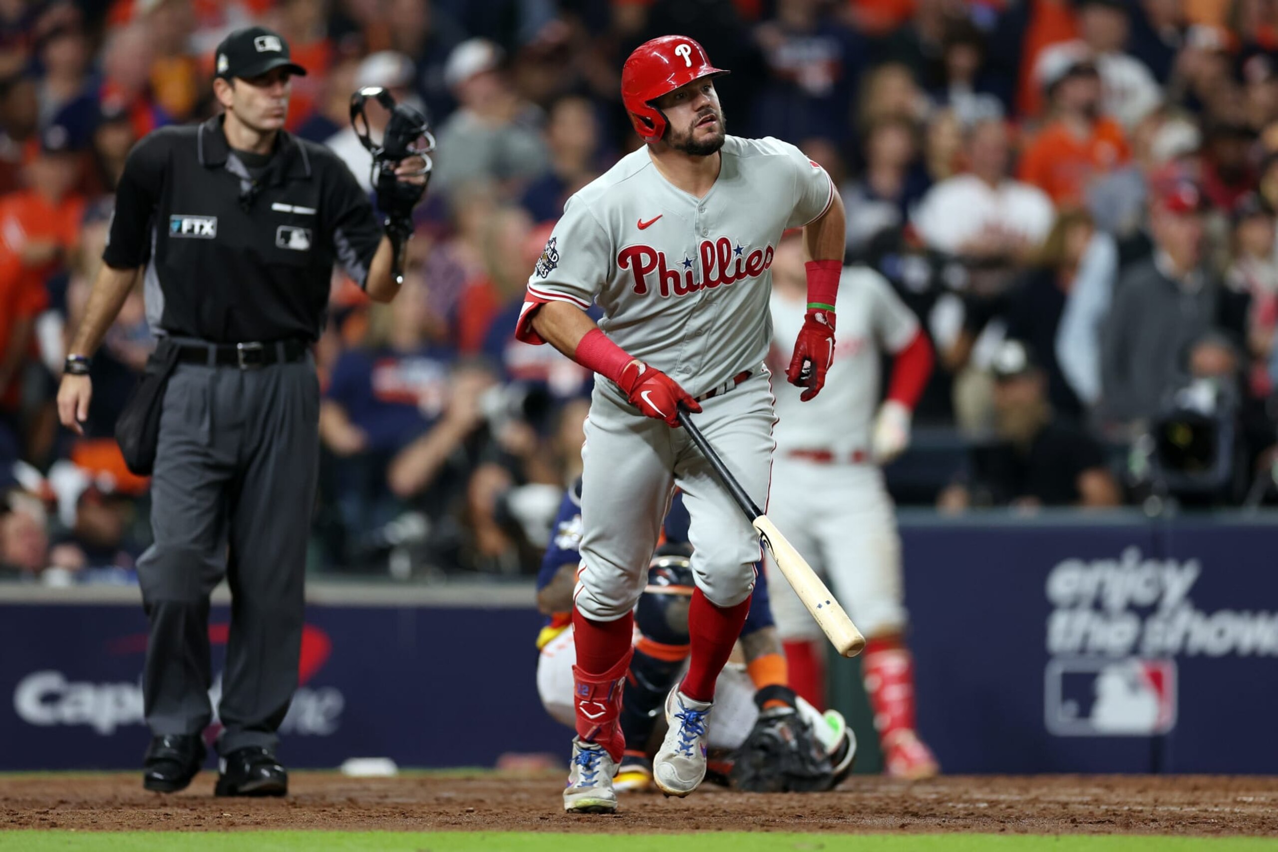 HOUSTON, TEXAS - OCTOBER 29: Kyle Schwarber #12 of the Philadelphia Phillies flies out in the eighth inning against the Houston Astros in Game Two of the 2022 World Series at Minute Maid Park on October 29, 2022 in Houston, Texas. (Photo by Sean M. Haffey/Getty Images) HOUSTON, TEXAS - OCTOBER 29: Kyle Schwarber #12 of the Philadelphia Phillies flies out in the eighth inning against the Houston Astros in Game Two of the 2022 World Series at Minute Maid Park on October 29, 2022 in Houston, Texas. (Photo by Sean M. Haffey/Getty Images)