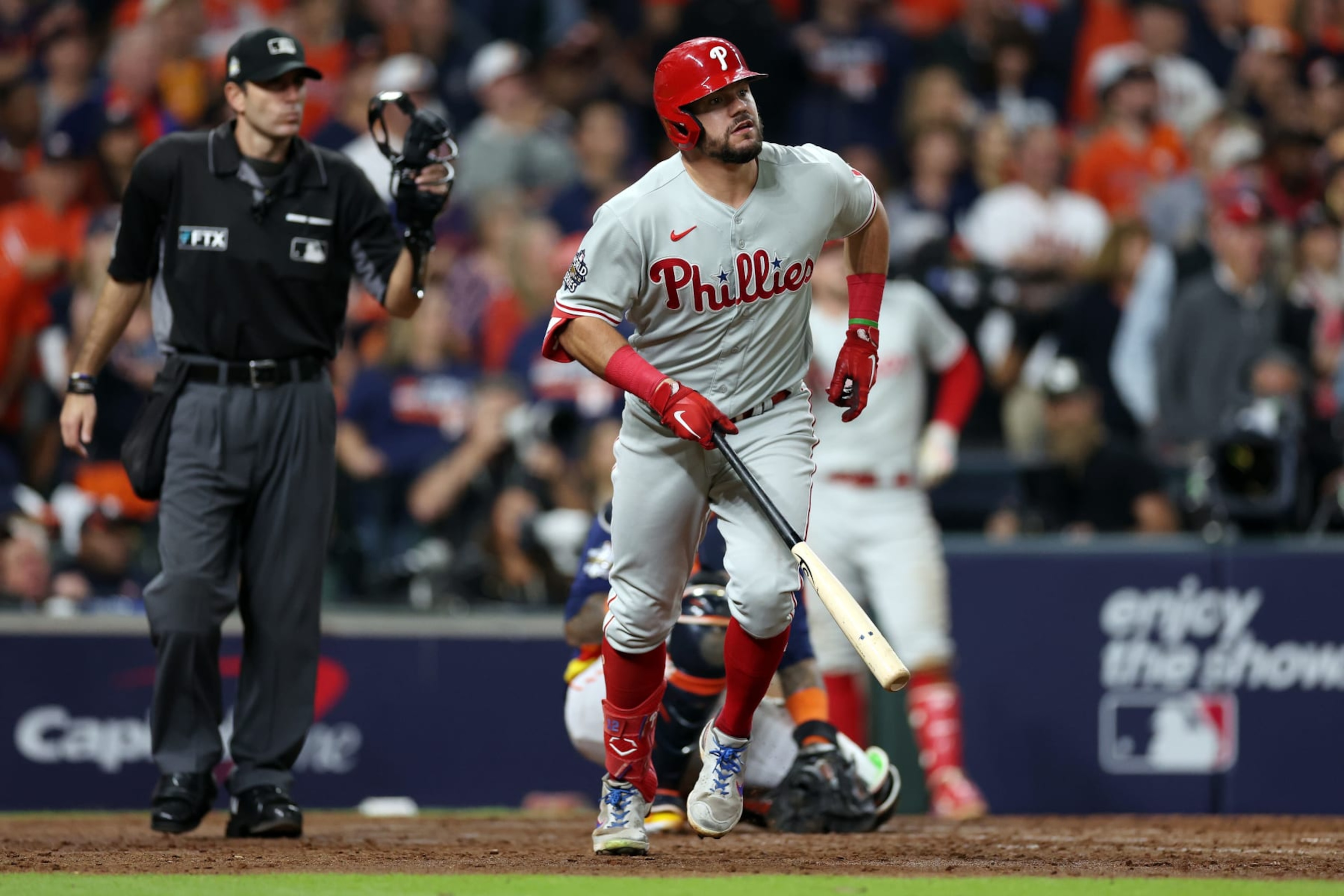 HOUSTON, TEXAS - OCTOBER 29: Kyle Schwarber #12 of the Philadelphia Phillies flies out in the eighth inning against the Houston Astros in Game Two of the 2022 World Series at Minute Maid Park on October 29, 2022 in Houston, Texas. (Photo by Sean M. Haffey/Getty Images)
