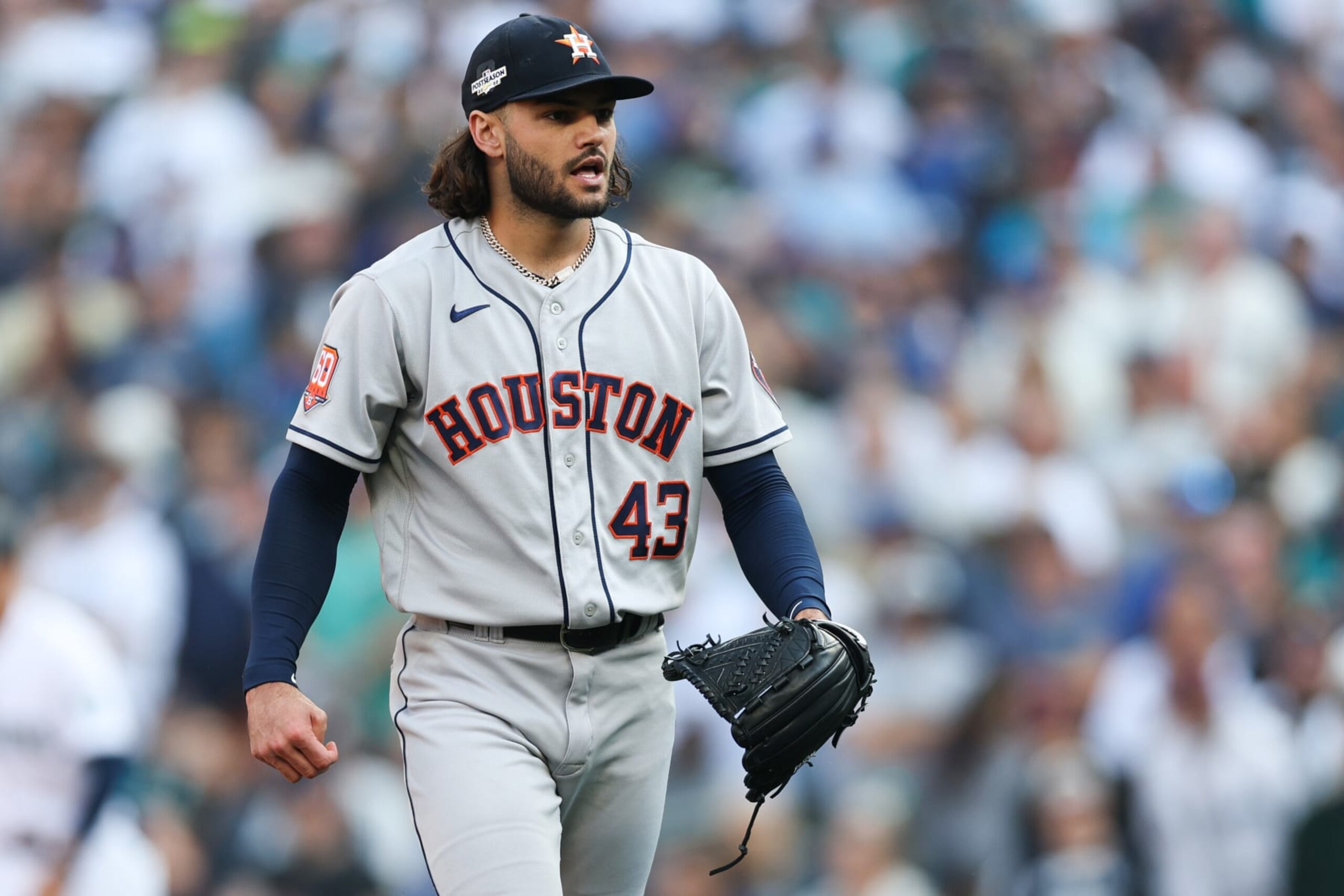 SEATTLE, WASHINGTON - OCTOBER 15: Lance McCullers Jr. #43 of the Houston Astros reacts to striking out Julio Rodriguez #44 of the Seattle Mariners to get out of the fifth inning in game three of the American League Division Series at T-Mobile Park on October 15, 2022 in Seattle, Washington. (Photo by Rob Carr/Getty Images)