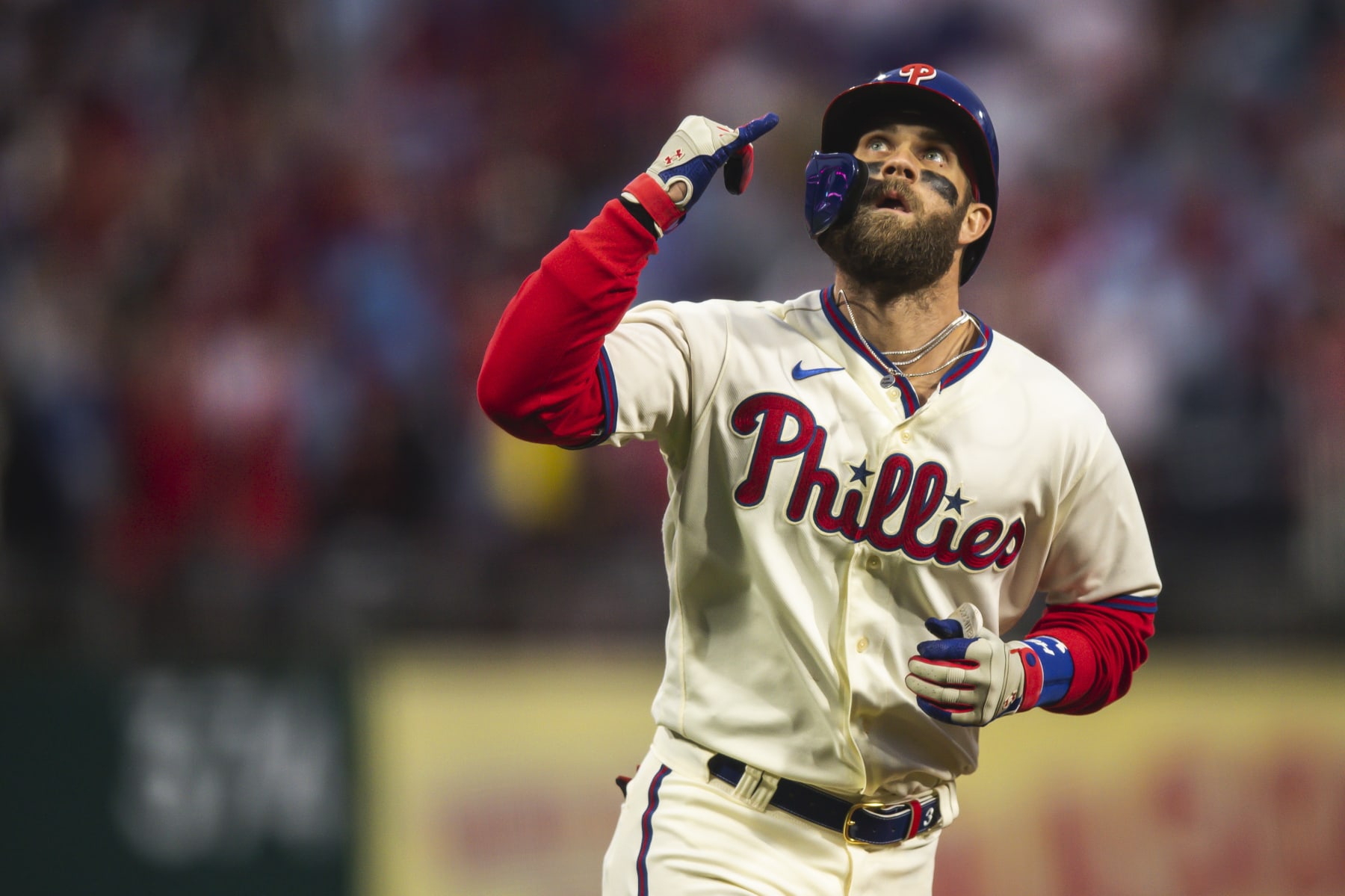 PHILADELPHIA, PENNSYLVANIA - OCTOBER 23: Bryce Harper #3 of the Philadelphia Phillies celebrates as he jogs around the bases after hitting a home run in the eighth inning of Game Five of the National League Championship Series against the San Diego Padres at Citizens Bank Park on October 23, 2022 in Philadelphia, Pennsylvania. (Photo by Matt Thomas/San Diego Padres/Getty Images)