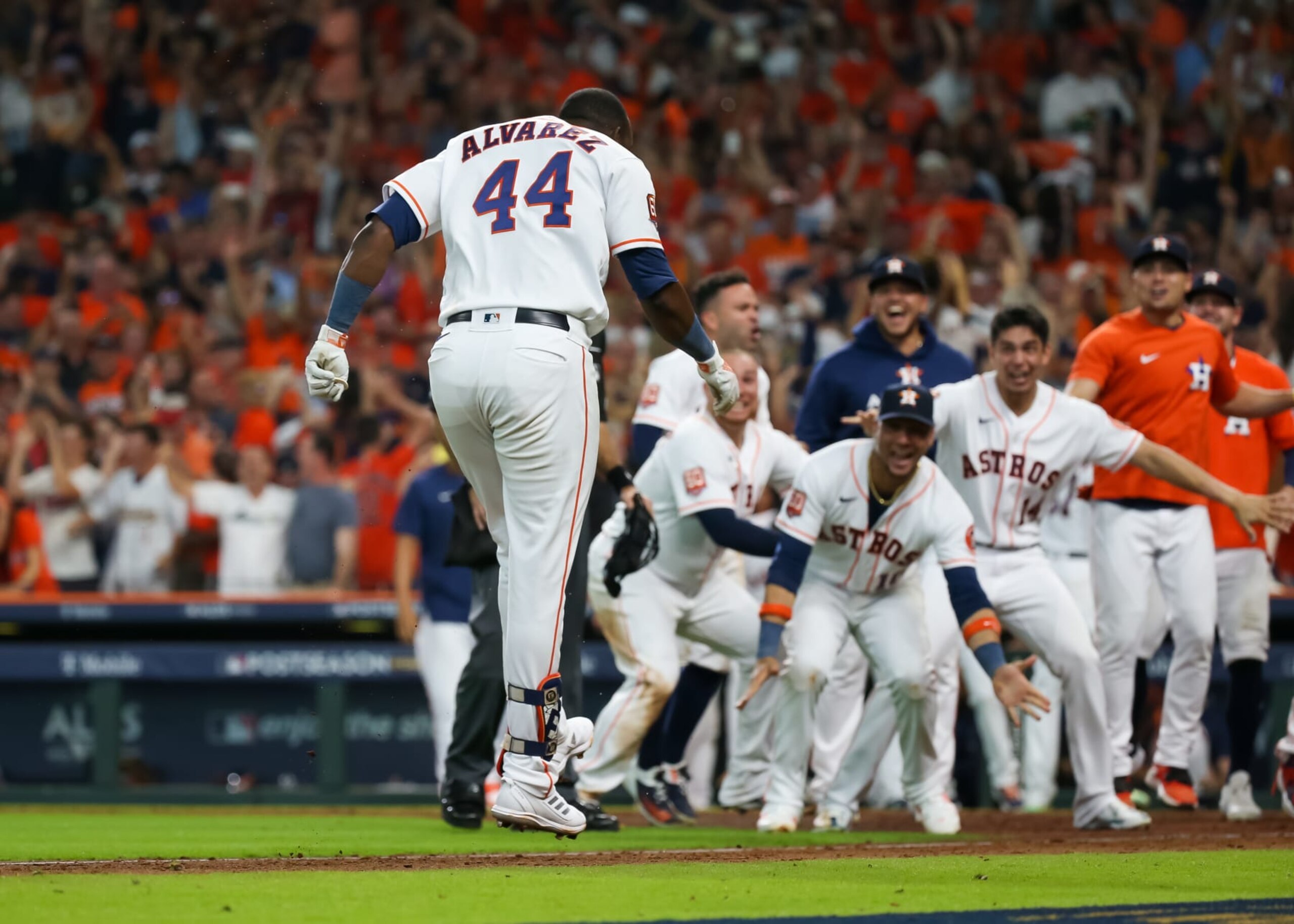 HOUSTON, TX - OCTOBER 11: Houston Astros left fielder Yordan Alvarez (44) is greeted by teammates following his three-run home run in the bottom of the ninth inning during the ALDS Game 1 between the Seattle Mariners and Houston Astros on October 11, 2022 at Minute Maid Park in Houston, Texas. (Photo by Leslie Plaza Johnson/Icon Sportswire via Getty Images) HOUSTON, TX - OCTOBER 11: Houston Astros left fielder Yordan Alvarez (44) is greeted by teammates following his three-run home run in the bottom of the ninth inning during the ALDS Game 1 between the Seattle Mariners and Houston Astros on October 11, 2022 at Minute Maid Park in Houston, Texas. (Photo by Leslie Plaza Johnson/Icon Sportswire via Getty Images)