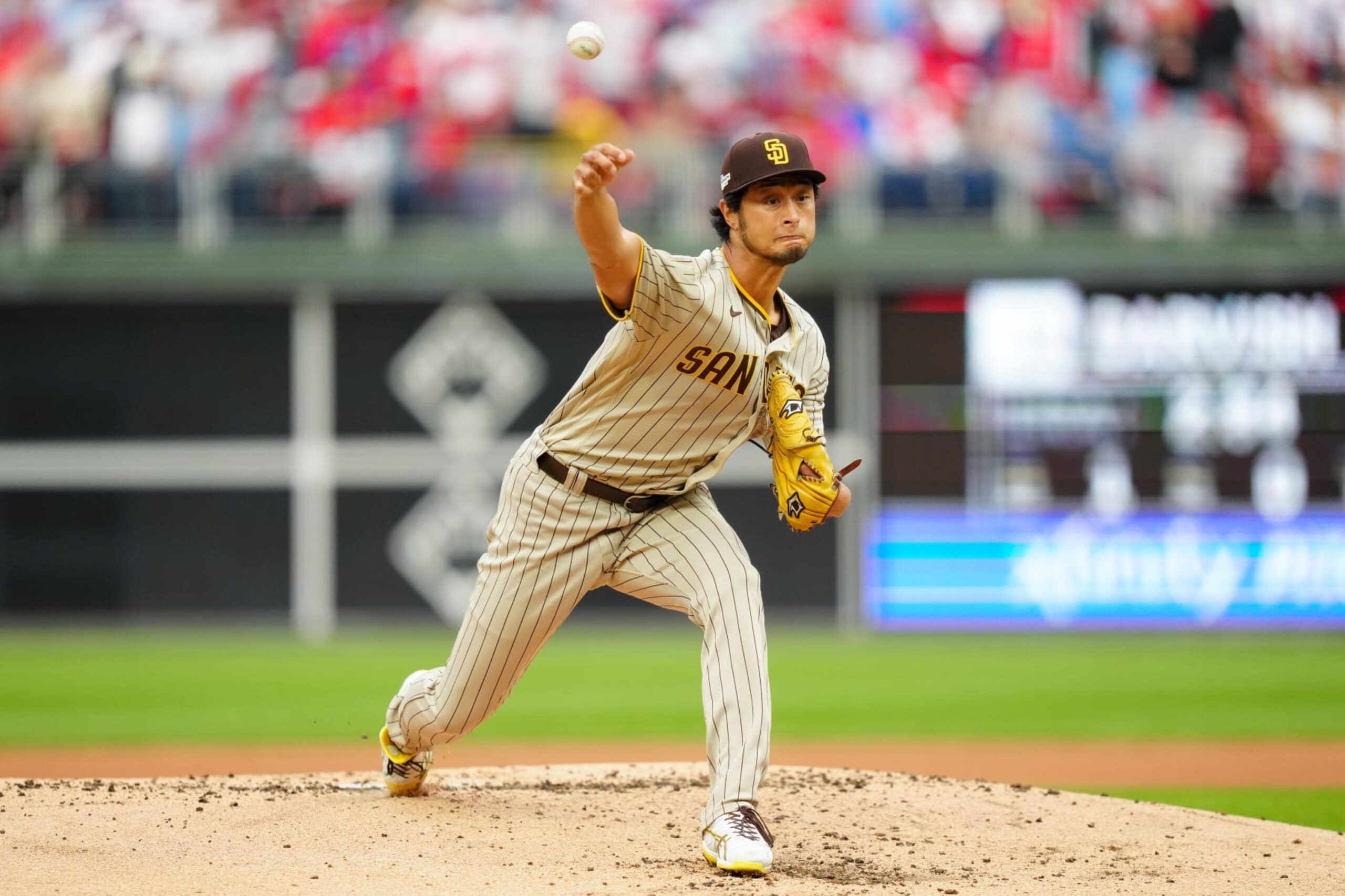 PHILADELPHIA, PA - OCTOBER 23: Yu Darvish #11 of the San Diego Padres pitches in the first inning during Game 5 of the NLCS between the San Diego Padres and the Philadelphia Phillies at Citizens Bank Park on Sunday, October 23, 2022 in Philadelphia, Pennsylvania. (Photo by Daniel Shirey/MLB Photos via Getty Images) PHILADELPHIA, PA - OCTOBER 23: Yu Darvish #11 of the San Diego Padres pitches in the first inning during Game 5 of the NLCS between the San Diego Padres and the Philadelphia Phillies at Citizens Bank Park on Sunday, October 23, 2022 in Philadelphia, Pennsylvania. (Photo by Daniel Shirey/MLB Photos via Getty Images)