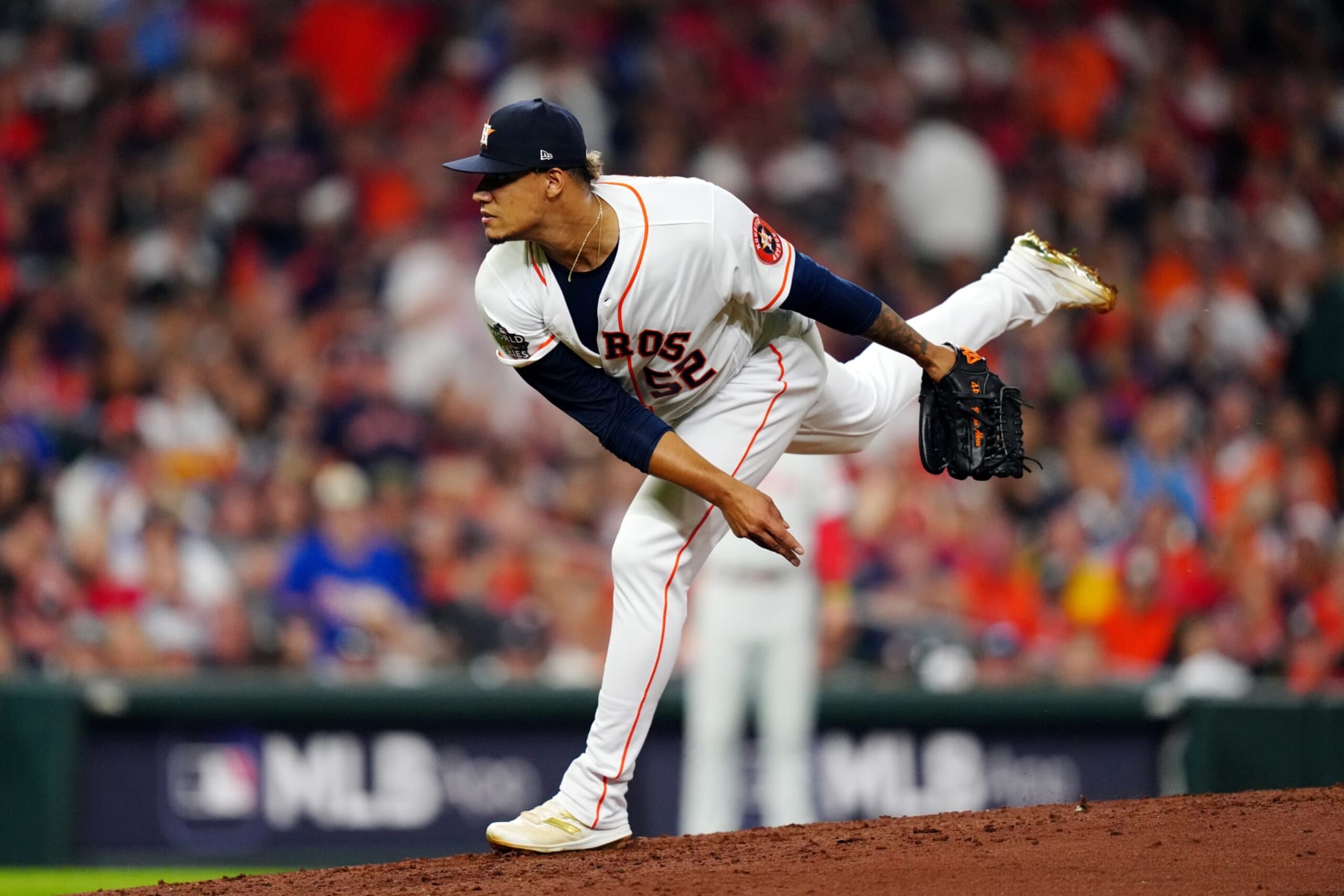 HOUSTON, TX - OCTOBER 28: Bryan Abreu #52 of the Houston Astros pitches during Game 1 of the 2022 World Series between the Philadelphia Phillies and the Houston Astros at Minute Maid Park on Friday, October 28, 2022 in Houston, Texas. (Photo by Daniel Shirey/MLB Photos via Getty Images) HOUSTON, TX - OCTOBER 28: Bryan Abreu #52 of the Houston Astros pitches during Game 1 of the 2022 World Series between the Philadelphia Phillies and the Houston Astros at Minute Maid Park on Friday, October 28, 2022 in Houston, Texas. (Photo by Daniel Shirey/MLB Photos via Getty Images)