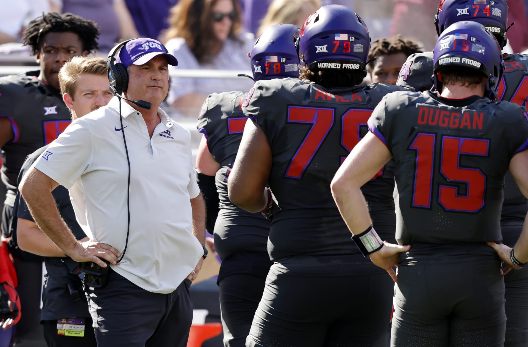 FORT WORTH, TX - OCTOBER 15: Head coach Sonny Dykes of the TCU Horned Frogs looks on as TCU takes on the Oklahoma State Cowboys during the first half at Amon G. Carter Stadium on October 15, 2022 in Fort Worth, Texas. TCU won 43-40. (Photo by Ron Jenkins/Getty Images)