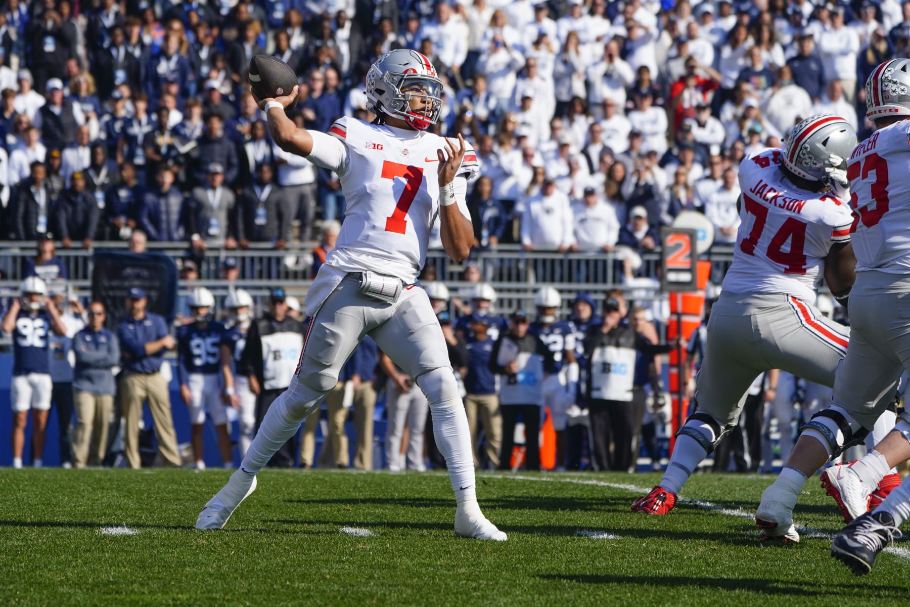 UNIVERSITY PARK, PA - OCTOBER 29: Ohio State Buckeyes Quarterback C.J. Stroud (7) throws the ball during the first half of the college football game between the Ohio State Buckeyes and the Penn State Nittany Lions on October 29, 2022, at Beaver Stadium in University Park, PA. (Photo by Gregory Fisher/Icon Sportswire via Getty Images)