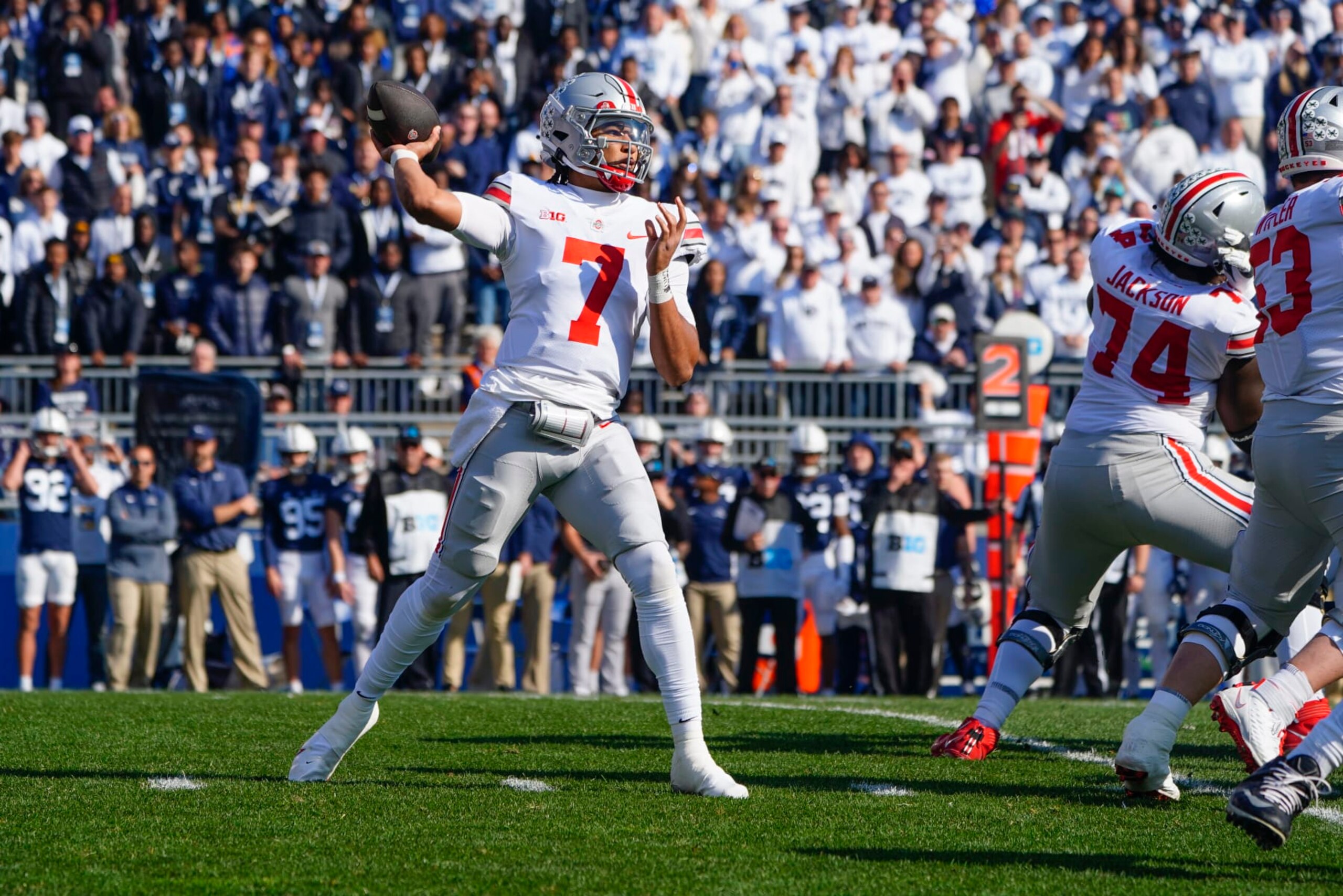 UNIVERSITY PARK, PA - OCTOBER 29: Ohio State Buckeyes Quarterback C.J. Stroud (7) throws the ball during the first half of the college football game between the Ohio State Buckeyes and the Penn State Nittany Lions on October 29, 2022, at Beaver Stadium in University Park, PA. (Photo by Gregory Fisher/Icon Sportswire via Getty Images) UNIVERSITY PARK, PA - OCTOBER 29: Ohio State Buckeyes Quarterback C.J. Stroud (7) throws the ball during the first half of the college football game between the Ohio State Buckeyes and the Penn State Nittany Lions on October 29, 2022, at Beaver Stadium in University Park, PA. (Photo by Gregory Fisher/Icon Sportswire via Getty Images)