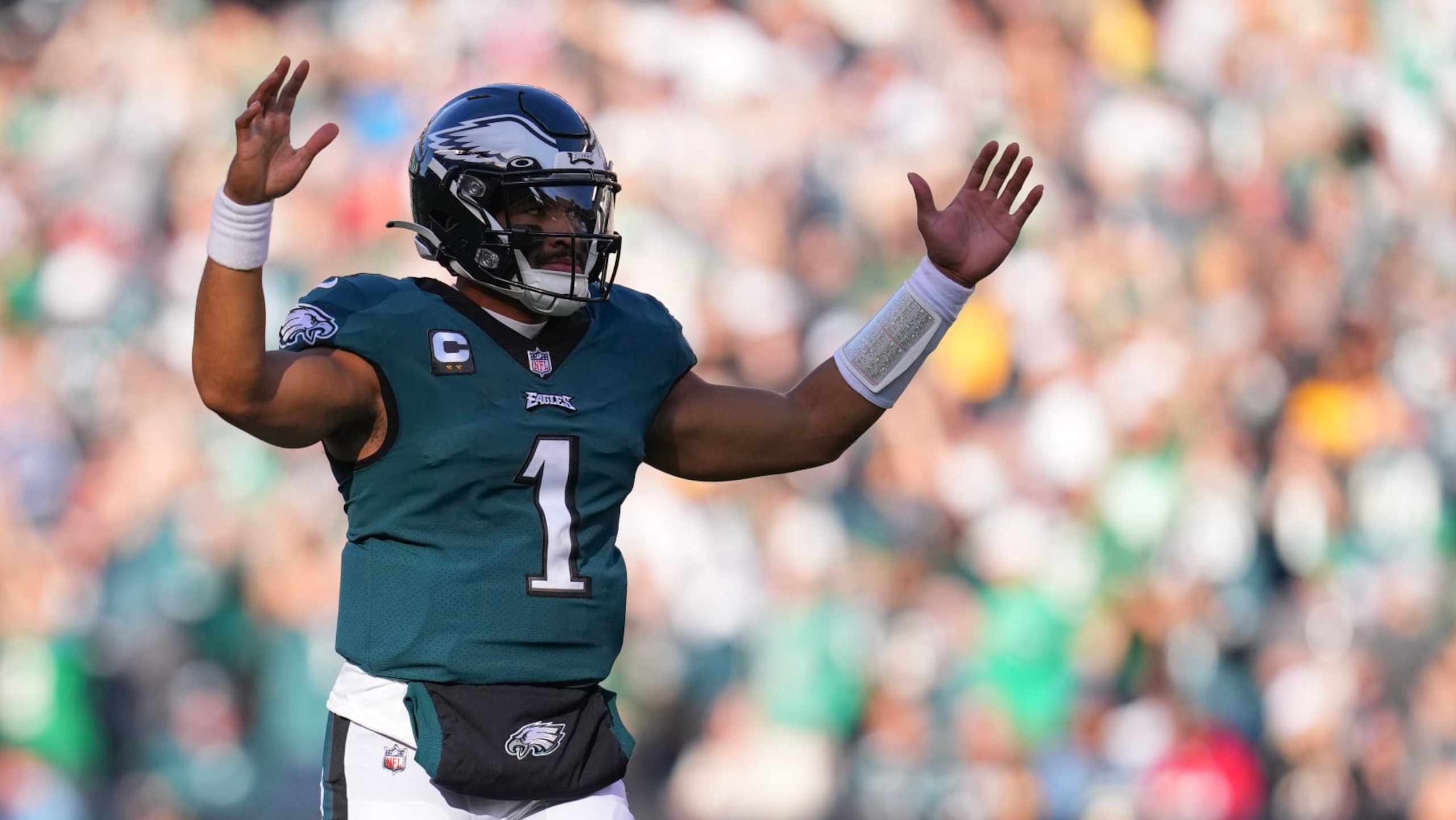PHILADELPHIA, PA - OCTOBER 30: Jalen Hurts #1 of the Philadelphia Eagles reacts against the Pittsburgh Steelers at Lincoln Financial Field on October 30, 2022 in Philadelphia, Pennsylvania. (Photo by Mitchell Leff/Getty Images) PHILADELPHIA, PA - OCTOBER 30: Jalen Hurts #1 of the Philadelphia Eagles reacts against the Pittsburgh Steelers at Lincoln Financial Field on October 30, 2022 in Philadelphia, Pennsylvania. (Photo by Mitchell Leff/Getty Images)