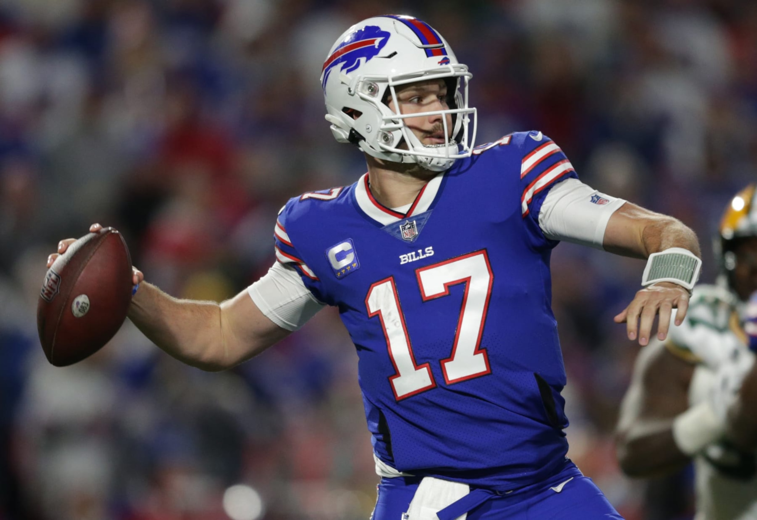 ORCHARD PARK, NEW YORK - OCTOBER 30: Josh Allen #17 of the Buffalo Bills throws a pass during the fourth quarter against the Green Bay Packers at Highmark Stadium on October 30, 2022 in Orchard Park, New York. (Photo by Joshua Bessex/Getty Images)
