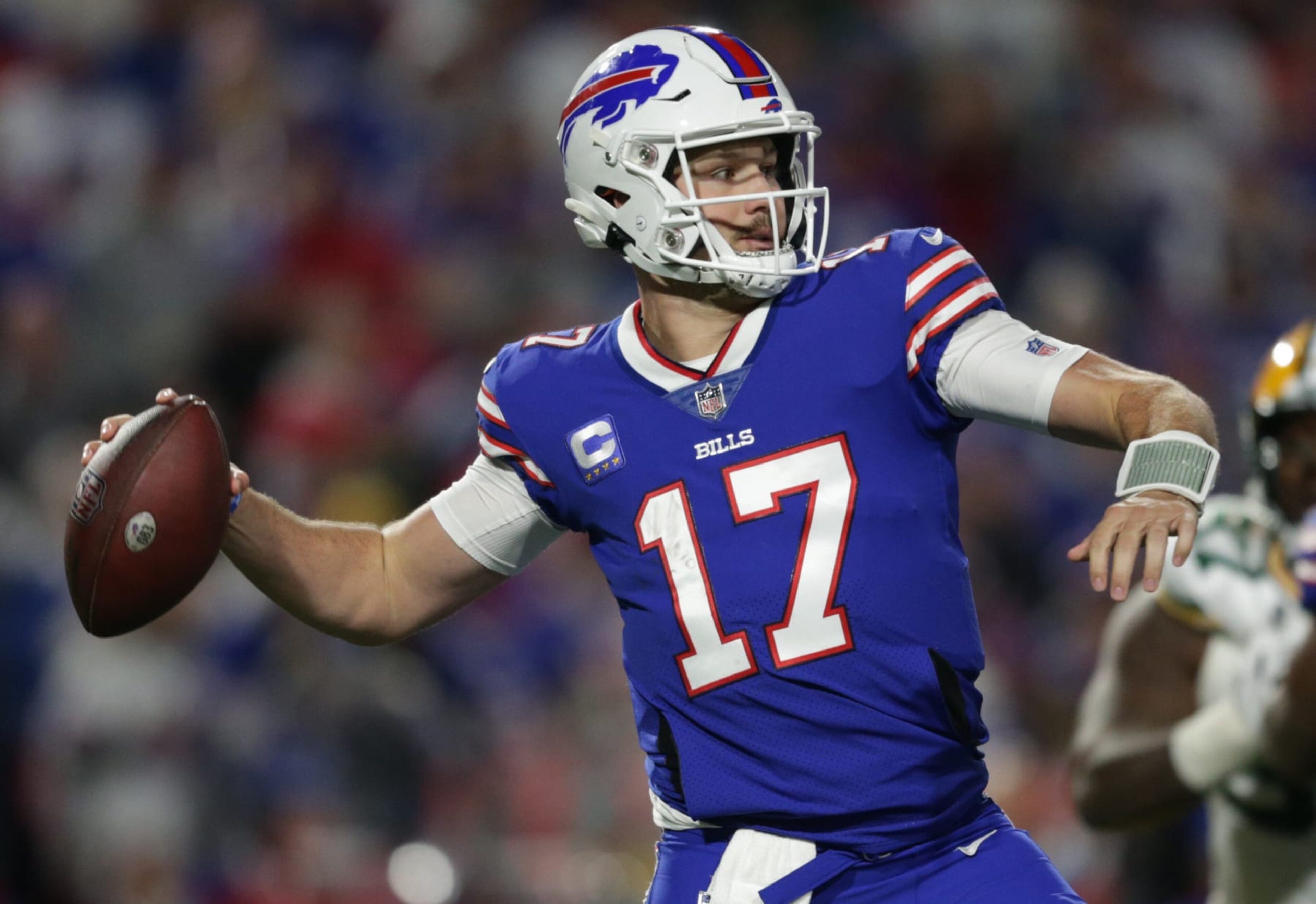ORCHARD PARK, NEW YORK - OCTOBER 30: Josh Allen #17 of the Buffalo Bills throws a pass during the fourth quarter against the Green Bay Packers at Highmark Stadium on October 30, 2022 in Orchard Park, New York. (Photo by Joshua Bessex/Getty Images)