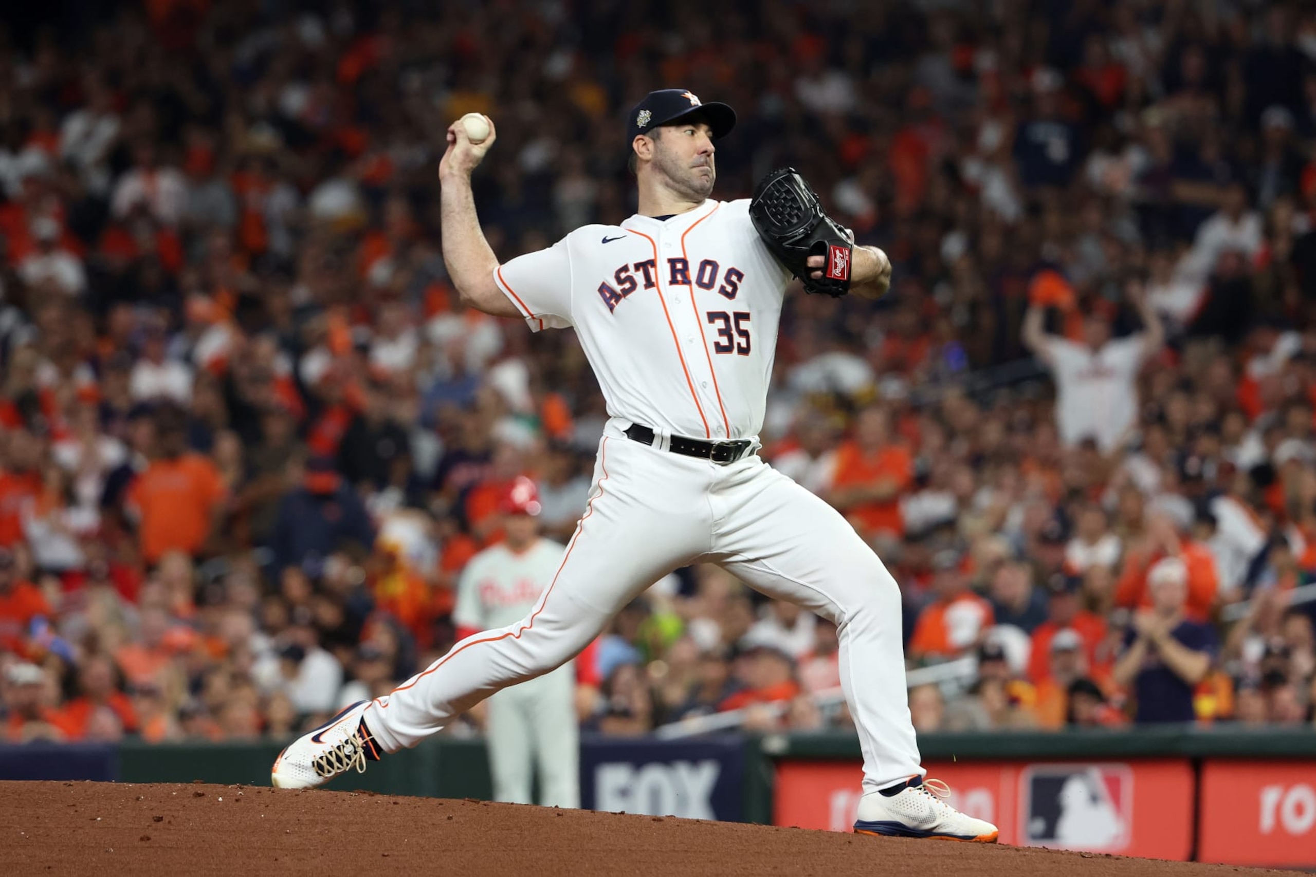 HOUSTON, TX - OCTOBER 28: Justin Verlander #35 of the Houston Astros pitches in the second inning during Game 1 of the 2022 World Series between the Philadelphia Phillies and the Houston Astros at Minute Maid Park on Friday, October 28, 2022 in Houston, Texas. (Photo by Mary DeCicco/MLB Photos via Getty Images) HOUSTON, TX - OCTOBER 28: Justin Verlander #35 of the Houston Astros pitches in the second inning during Game 1 of the 2022 World Series between the Philadelphia Phillies and the Houston Astros at Minute Maid Park on Friday, October 28, 2022 in Houston, Texas. (Photo by Mary DeCicco/MLB Photos via Getty Images)