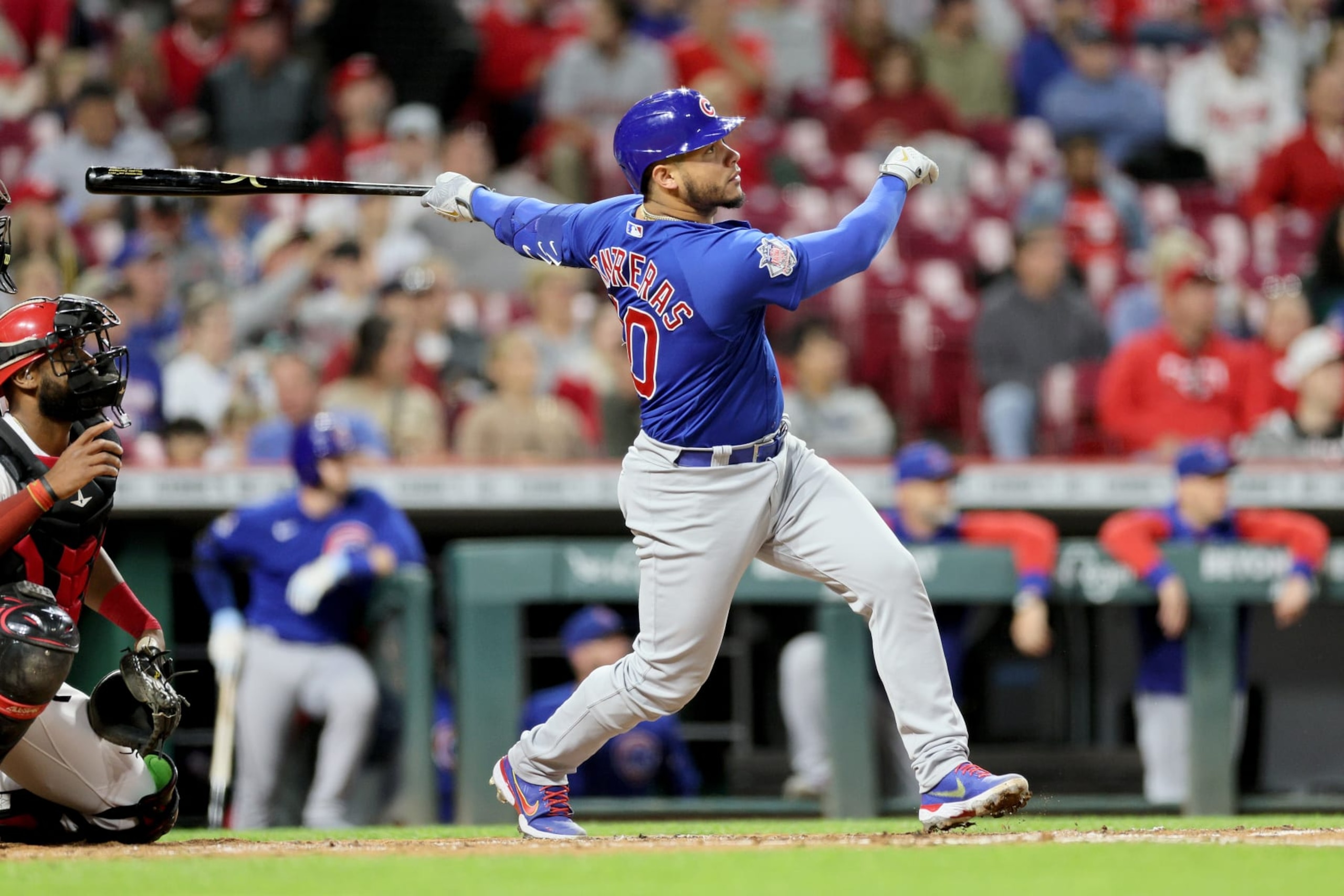 CINCINNATI, OHIO - OCTOBER 04: Wilson Contreras #40 of the Chicago Cubs hits a home run in the fourth inning against the Cincinnati Reds at Great American Ball Park on October 04, 2022 in Cincinnati, Ohio. (Photo by Andy Lyons/Getty Images) CINCINNATI, OHIO - OCTOBER 04: Wilson Contreras #40 of the Chicago Cubs hits a home run in the fourth inning against the Cincinnati Reds at Great American Ball Park on October 04, 2022 in Cincinnati, Ohio. (Photo by Andy Lyons/Getty Images)
