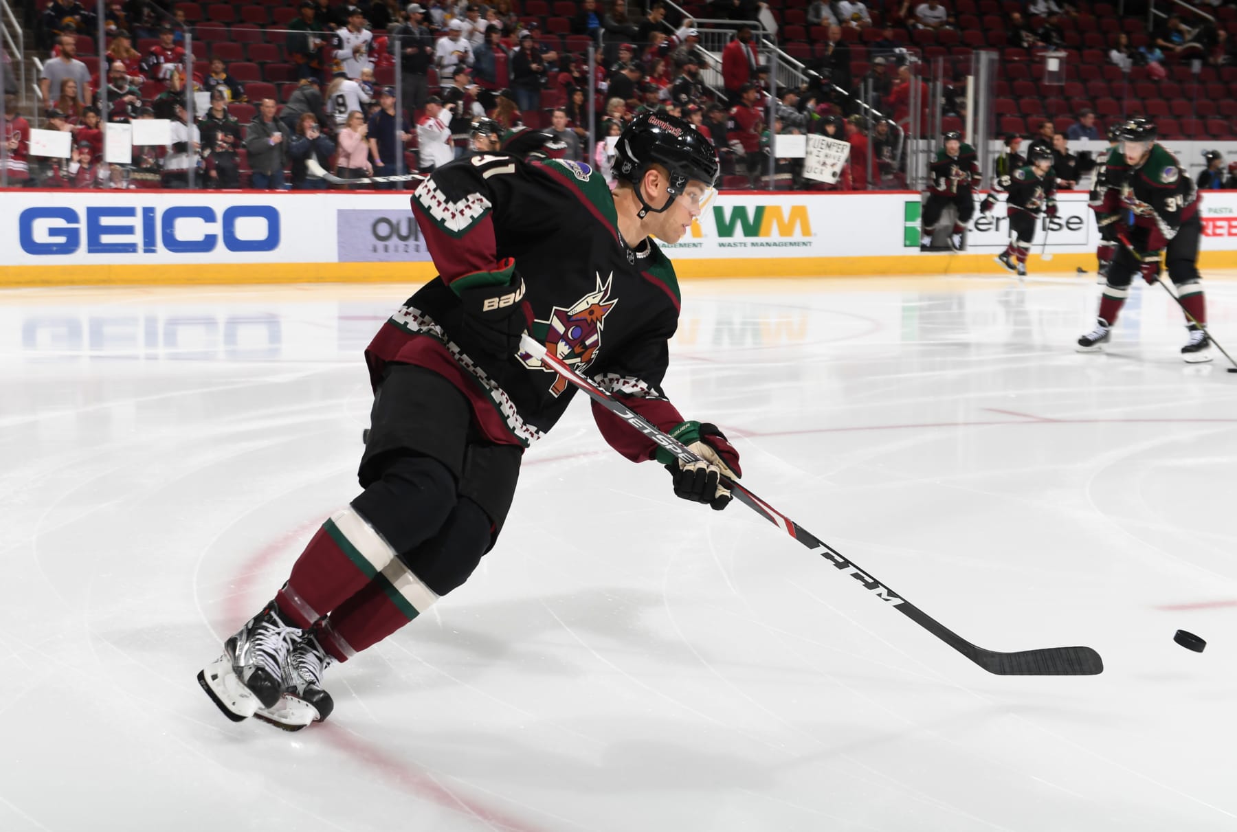 GLENDALE, ARIZONA - FEBRUARY 29: Taylor Hall #91 of the Arizona Coyotes prepares for a game against the Buffalo Sabres at Gila River Arena on February 29, 2020 in Glendale, Arizona. (Photo by Norm Hall/NHLI via Getty Images)