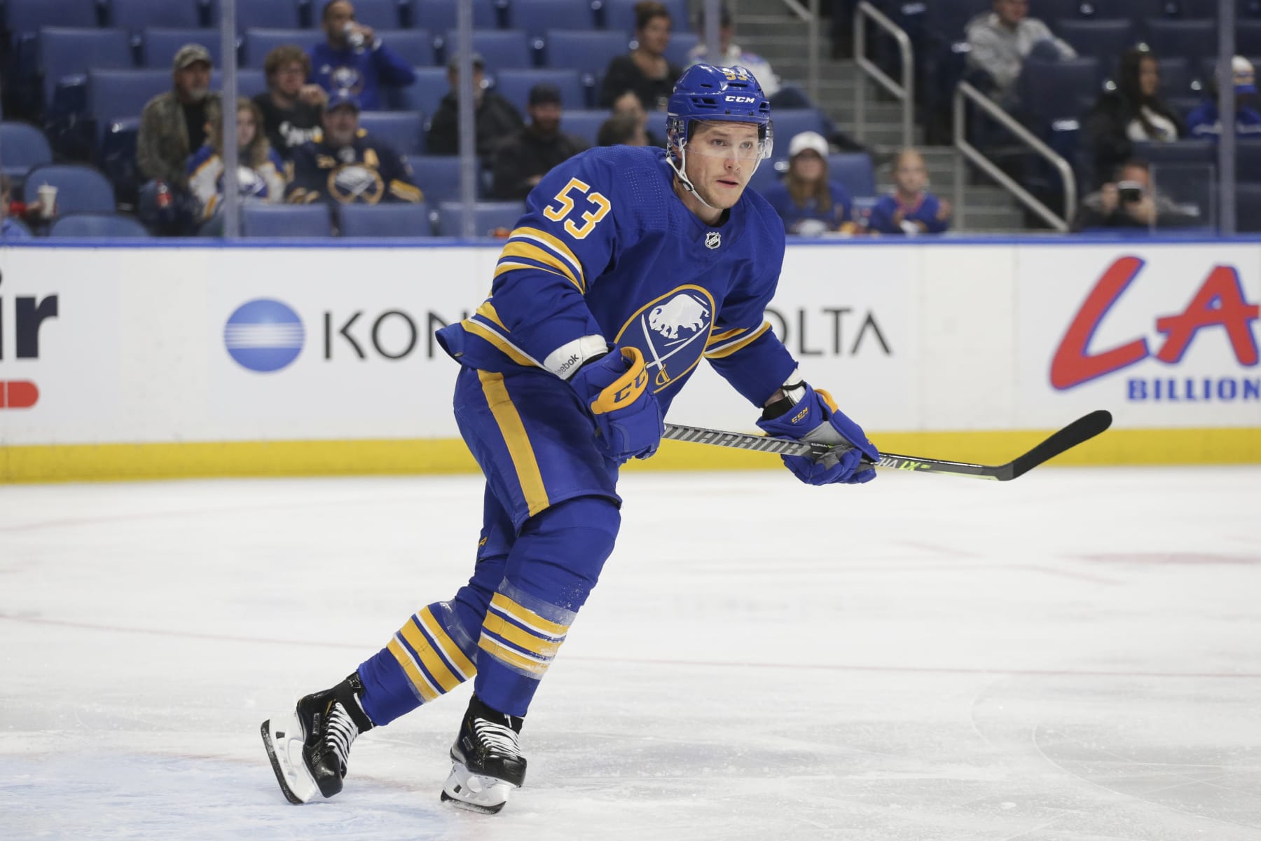 BUFFALO, NEW YORK - SEPTEMBER 27: Jeff Skinner #53 of the Buffalo Sabres skates during the first period against the Philadelphia Flyers at KeyBank Center on September 27, 2022 in Buffalo, New York. (Photo by Joshua Bessex/Getty Images)