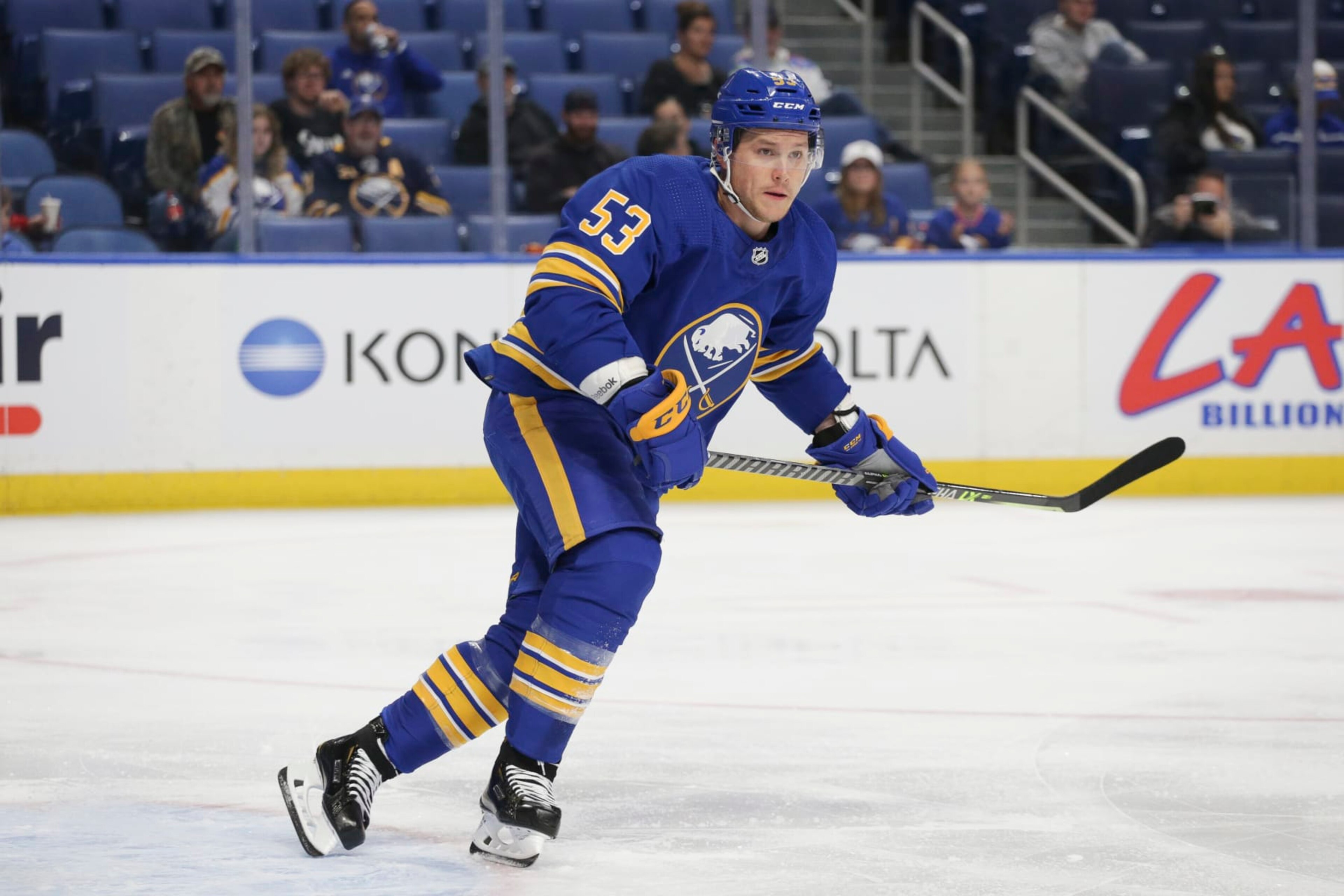 BUFFALO, NEW YORK - SEPTEMBER 27: Jeff Skinner #53 of the Buffalo Sabres skates during the first period against the Philadelphia Flyers at KeyBank Center on September 27, 2022 in Buffalo, New York. (Photo by Joshua Bessex/Getty Images)