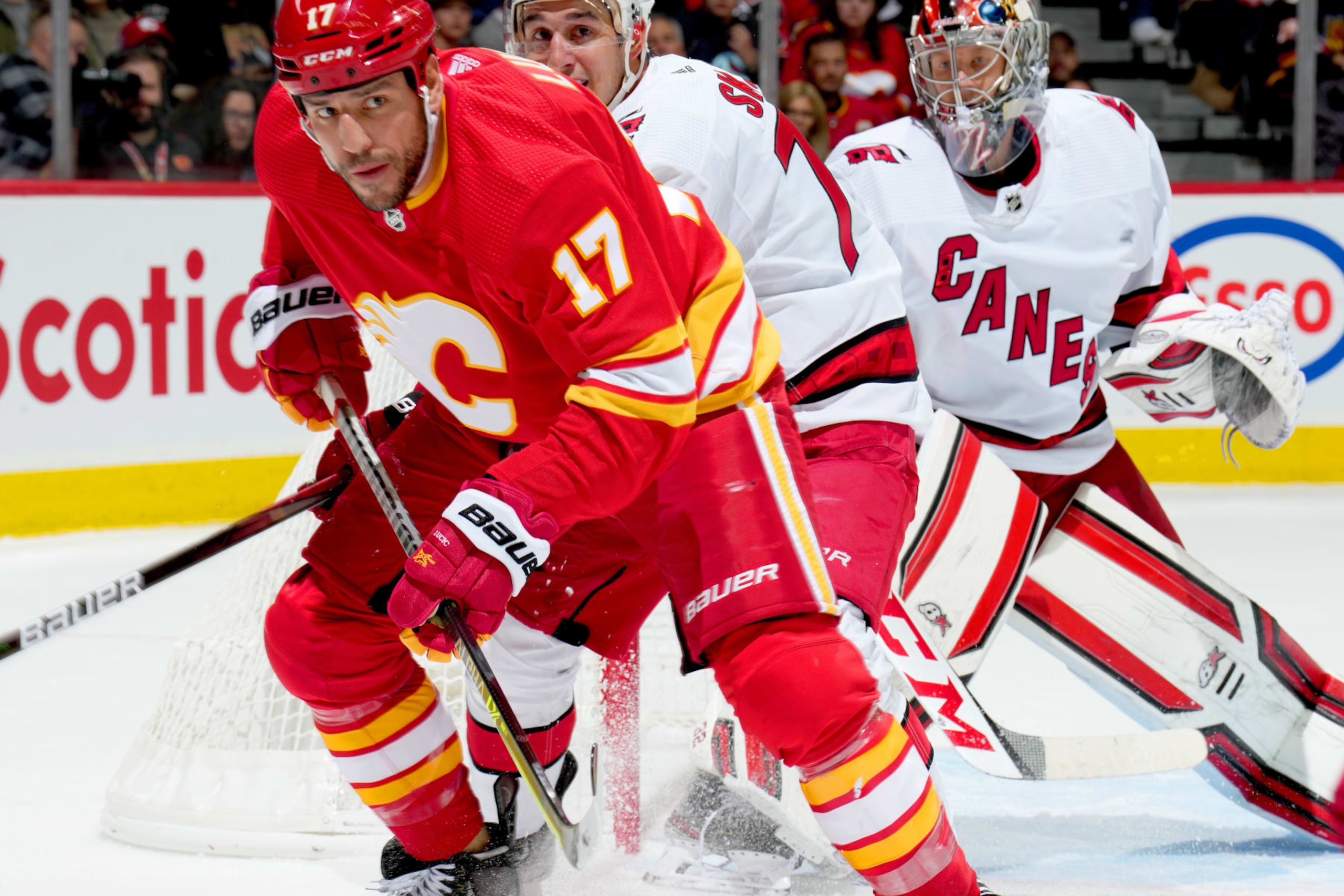 CALGARY, ALBERTA - OCTOBER 22: Milan Lucic #17 of the Calgary Flames skates against the Carolina Hurricanes at Scotiabank Saddledome on October 22, 2022 in Calgary, Alberta. (Photo by Gerry Thomas/NHLI via Getty Images) CALGARY, ALBERTA - OCTOBER 22: Milan Lucic #17 of the Calgary Flames skates against the Carolina Hurricanes at Scotiabank Saddledome on October 22, 2022 in Calgary, Alberta. (Photo by Gerry Thomas/NHLI via Getty Images)