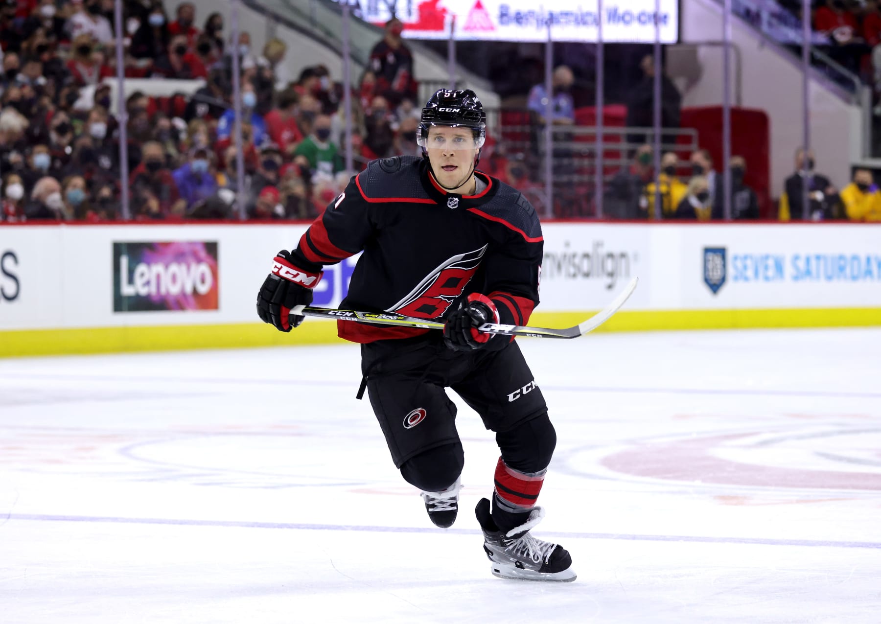 RALEIGH, NC - MAY 19: Jake Gardiner #51 of the Carolina Hurricanes skates for position on the ice in Game Two of the First Round of the 2021 Stanley Cup Playoffs against the Nashville Predators on May 19, 2021 at PNC Arena in Raleigh, North Carolina. (Photo by Gregg Forwerck/NHLI via Getty Images)