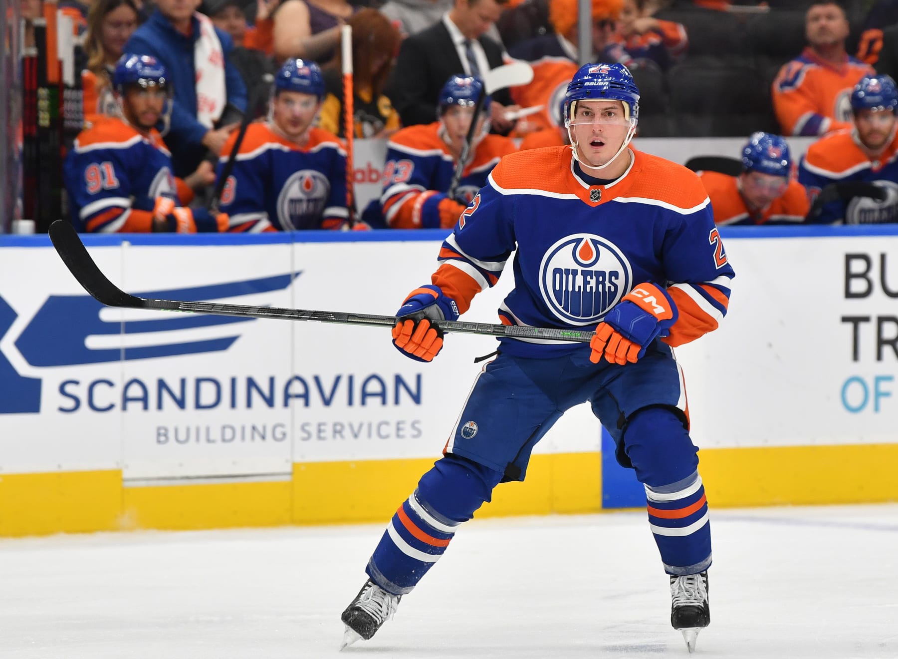 EDMONTON, CANADA - OCTOBER 24: Tyson Barrie #22 of the Edmonton Oilers skates during the game against the Pittsburgh Penguins on October 24, 2022 at Rogers Place in Edmonton, Alberta, Canada. (Photo by Andy Devlin/NHLI via Getty Images)